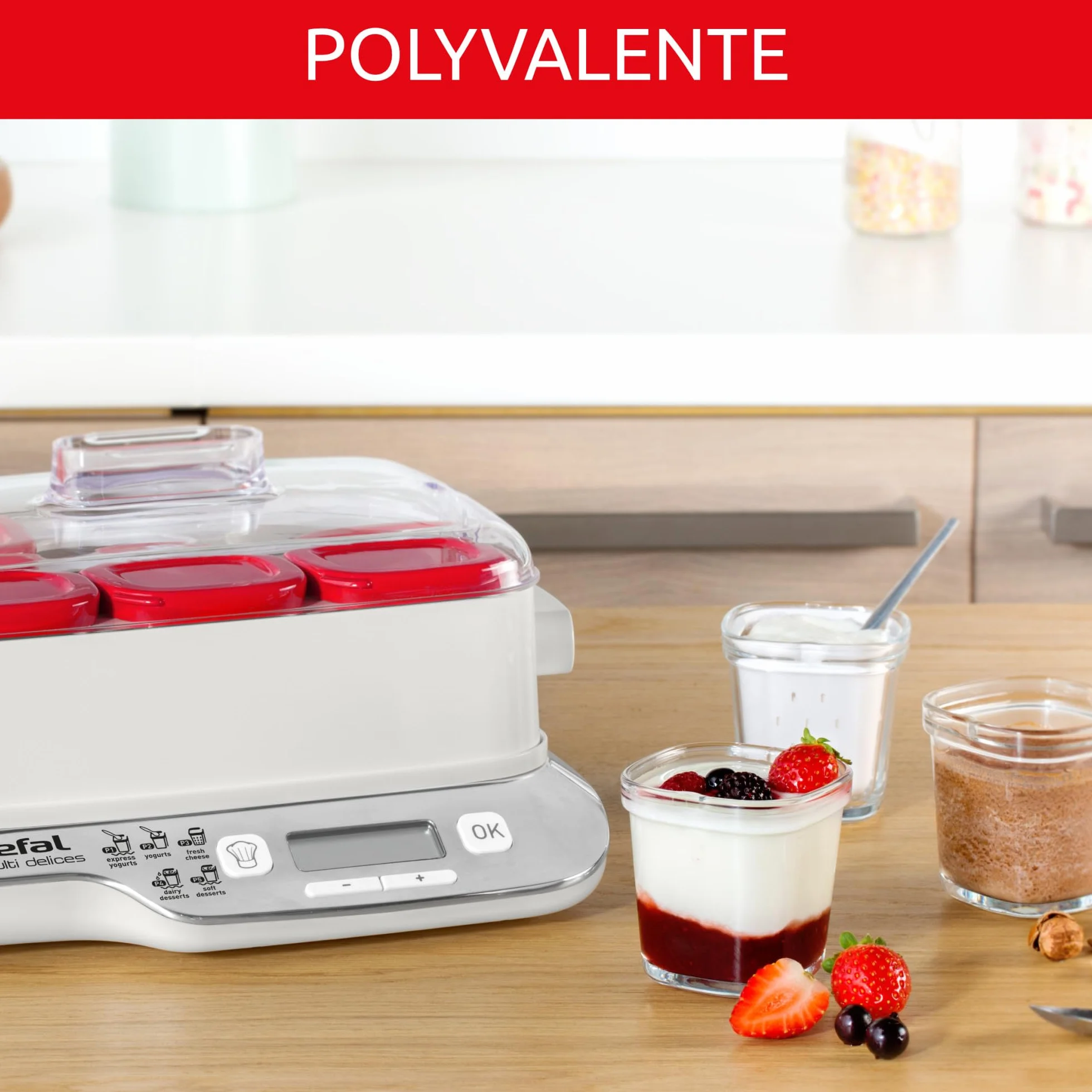 Tefal Multi Delices Express, Yaourtière, 6 Pots, Rouge, Yaourt Maison, 5 Programmes automatiques, desserts lactés, fromages blancs et desserts moelleux, Pots de 140ml, 100% sans BPA, YY5425FB