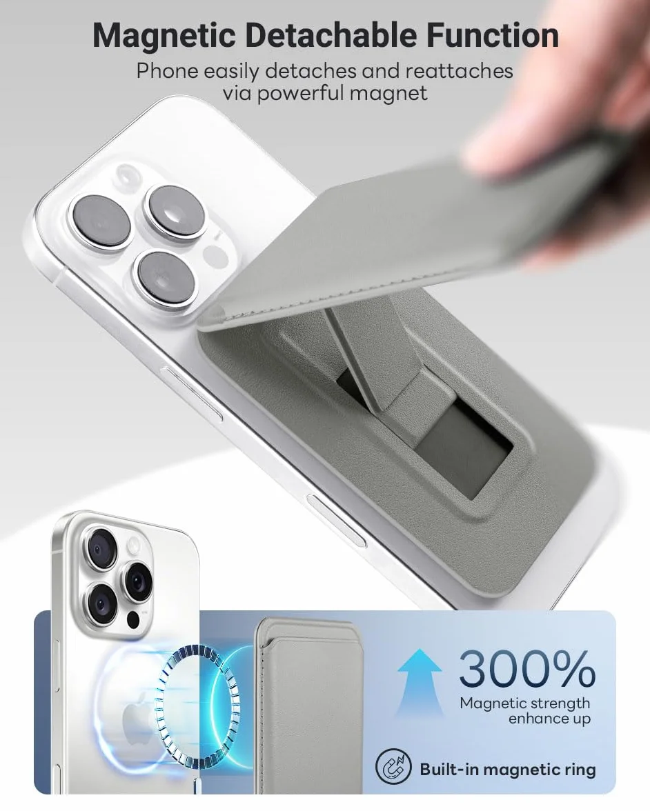 OCASE Magnetyczny portfel z regulowaną podstawką, 3 uchwyty na karty, do serii Kompatybilne z iPhone 16/15/14/13/12, Ultra Slim Nie do iPhone'a Mini Skóra Premium, Szary