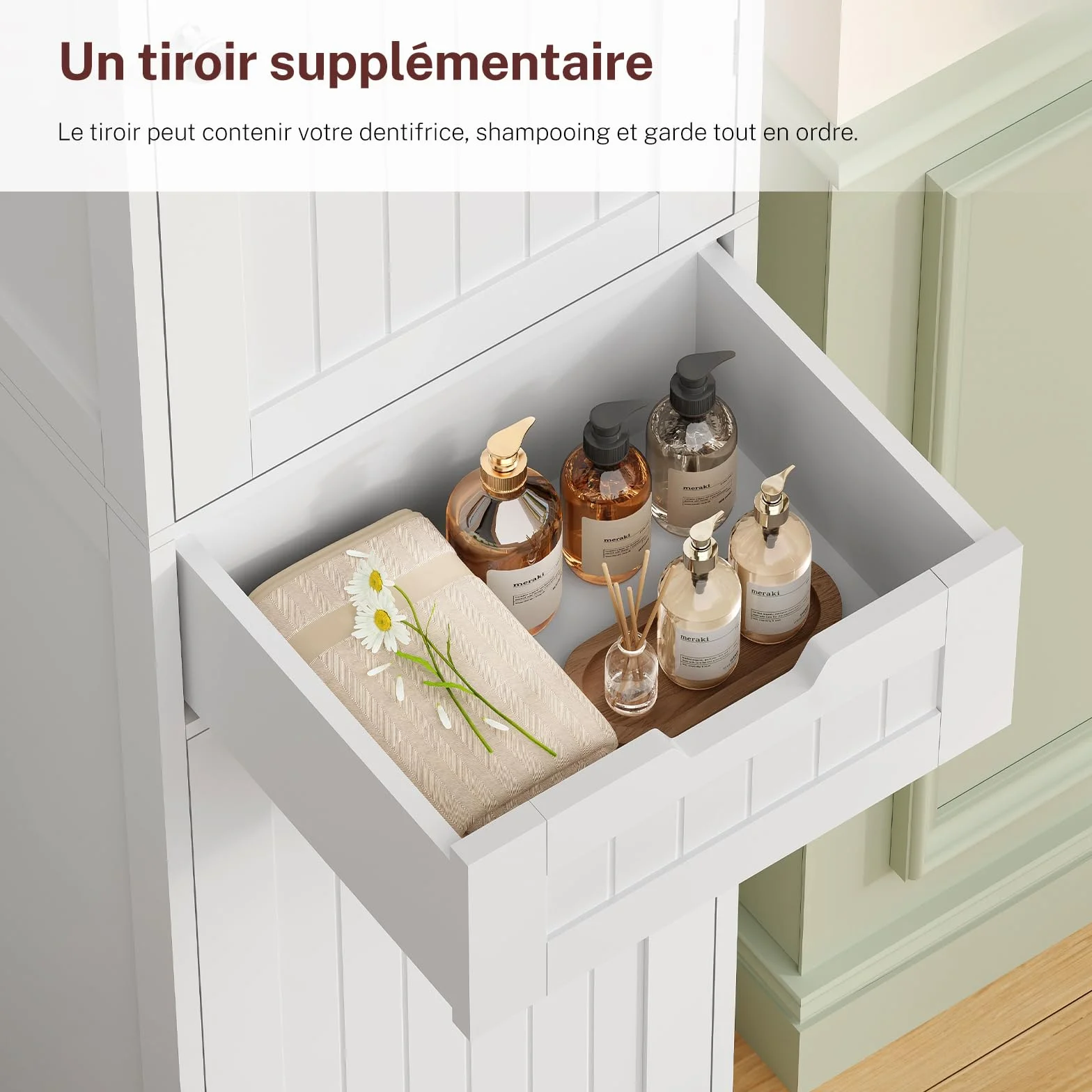 TEENFON Meuble de Salle de Bain avec Portes, Armoire de Rangement Colonne avec Étagères Réglables et Tiroirs, Blanc (40x30x170cm)