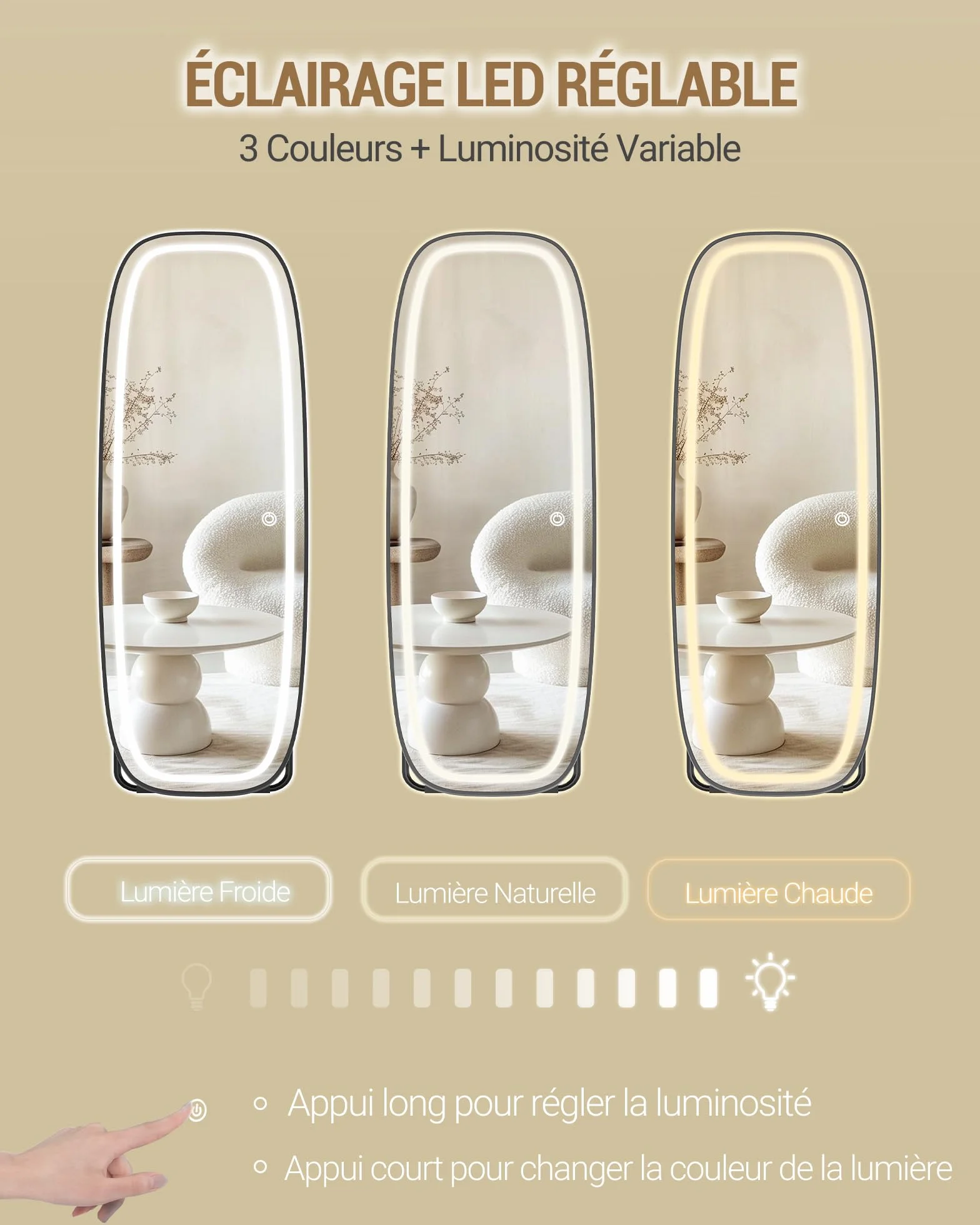 Hzuaneri Miroir sur Pied LED 160 x 50 cm, 3 Couleurs de Lumière, Luminosité Réglable, Noir