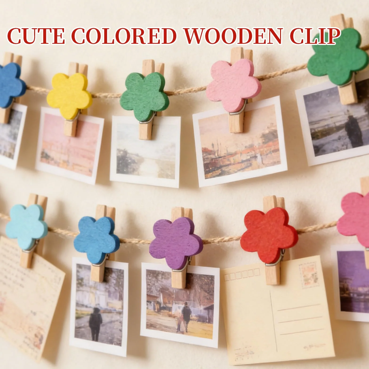 Pêle Mêle Photo Mural 100 Mini Pinces Bois Coeur Fleur 20 m Ficelle Jute 20 Clous sans Trace 3.7 x 2 cm Multicolore