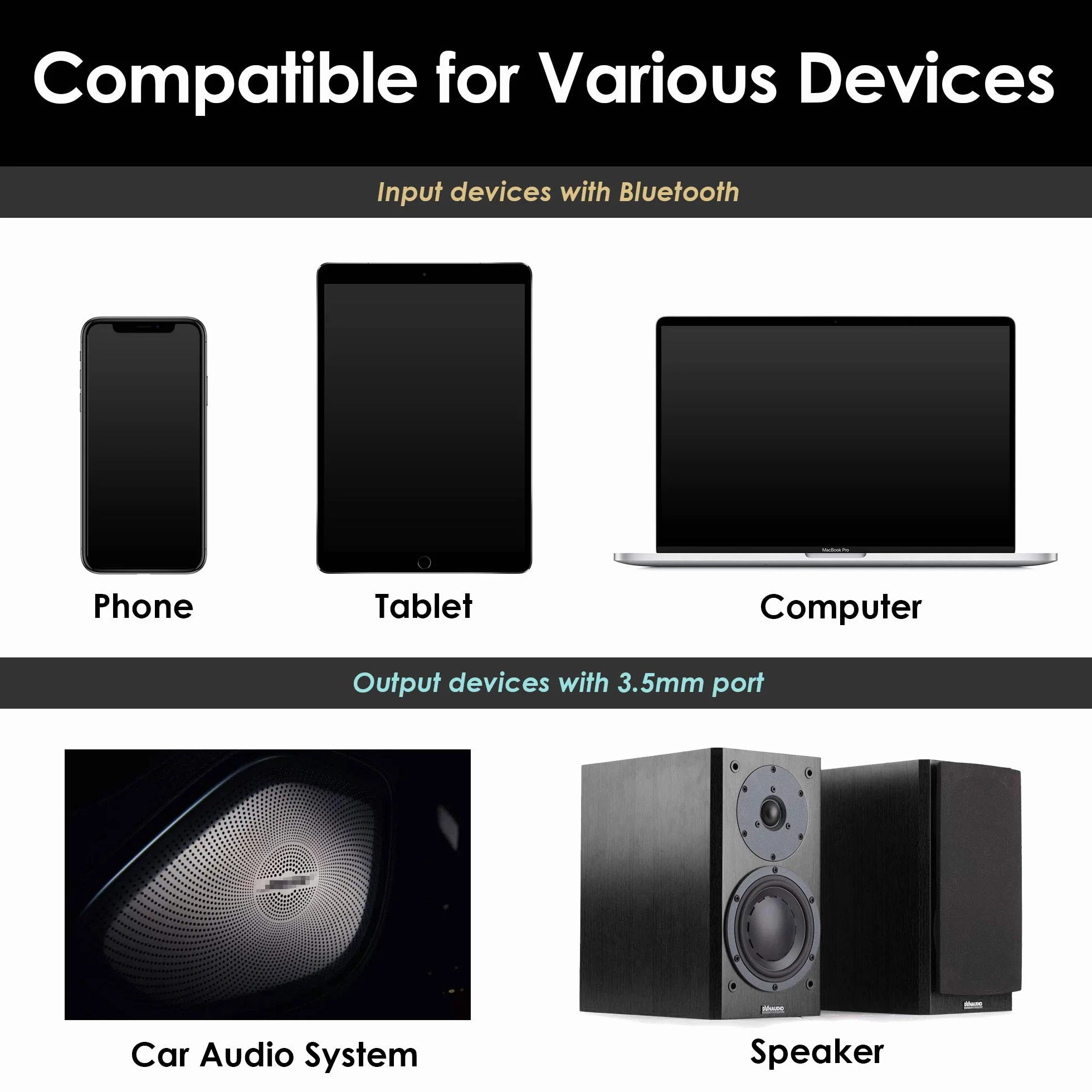 PALOVUE Adapter Aux Bluetooth, zestaw audio, adapter USB z gniazdem 3,5 mm do strumieniowego przesyłania muzyki w samochodzie, połączeń telefonicznych lub domowego stereo, wbudowany mikrofon
