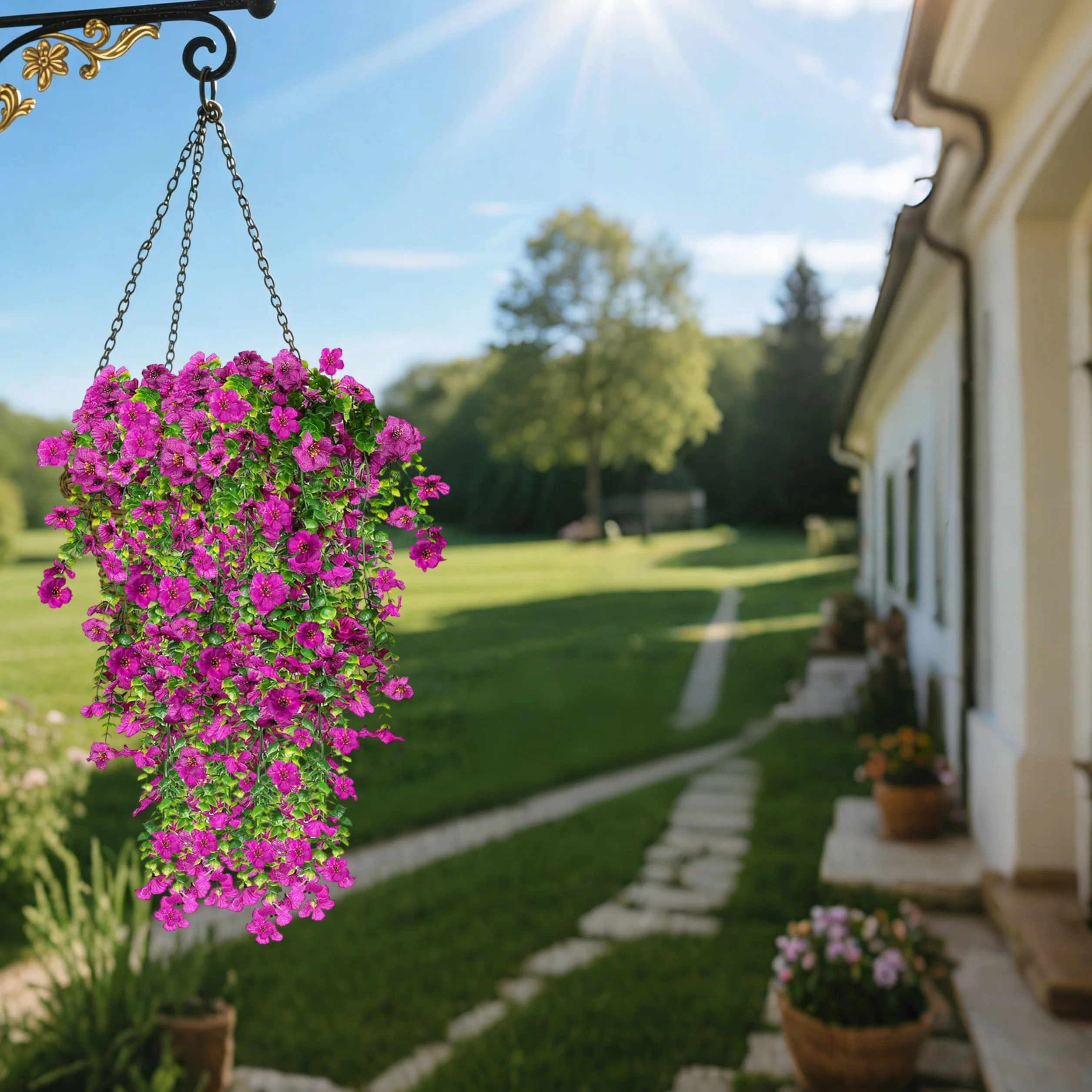 Fleurs Artificielles Suspendues Résistant aux UV 77cm Violet Lot de 4