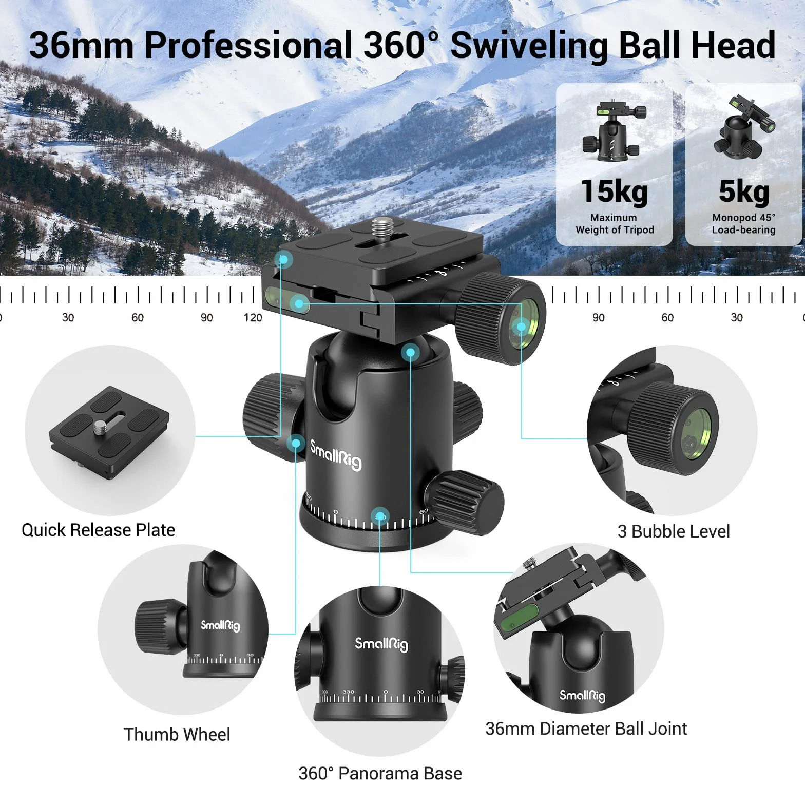 SMALLRIG 71" statyw fotograficzny, składany aluminiowy statyw, zdejmowana głowica kulowa 360° i płytka szybkiego zwalniania, z zaciskiem do smartfona, ładowność 15 kg 33lb, 71in/180cm - 3935