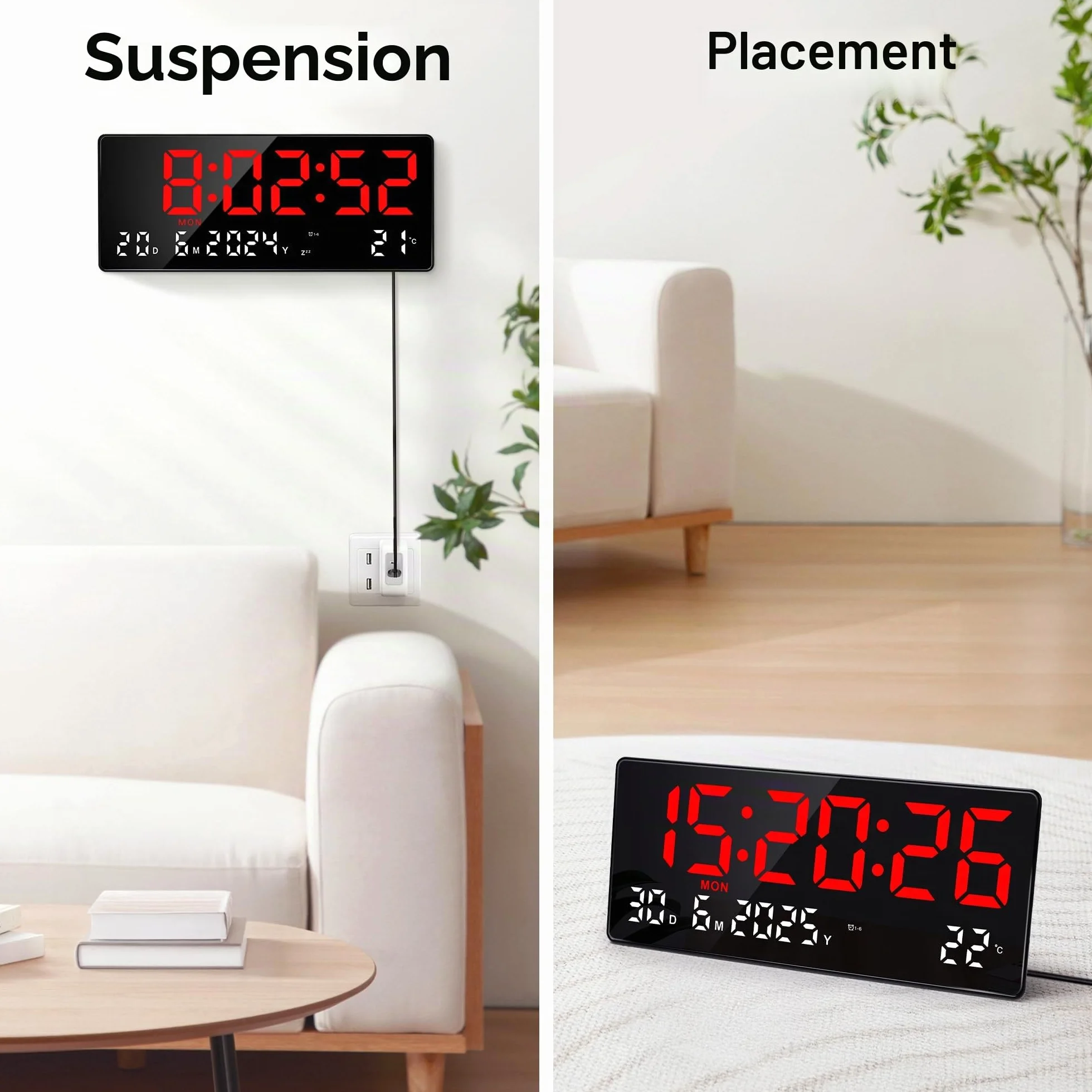 Lafocuse 15.5" LED Horloge Murale Numérique Grande Horloge de Bureau Digitale avec Télécommande