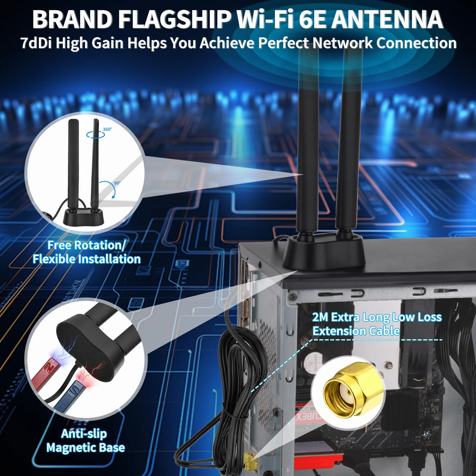 Eightwood Antena WiFi 6E 2,4 g/5 g/5,8 g/6 g wzmacniacz sygnału WLAN trójpasmowa podstawa magnetyczna z przedłużaczem RP-SMA do routera Wi-Fi 5/6/6E PCI PCI-E karty PC płyta główna Bluetooth