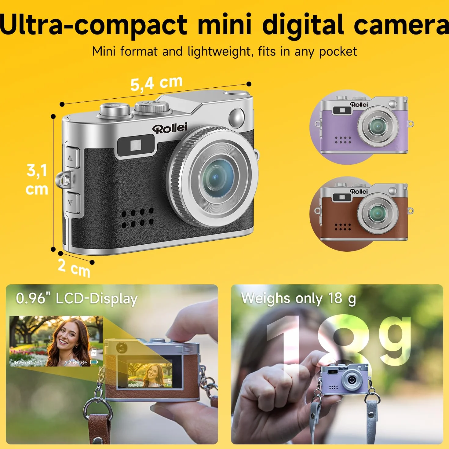 Mini brązowy aparat cyfrowy, Rollei mały aparat cyfrowy w stylu vintage 1080P FHD z kolorowym wyświetlaczem 0,96 cala 2MP kompaktowy aparat cyfrowy z lampą błyskową i nagrywaniem, mini aparat cyfrowy