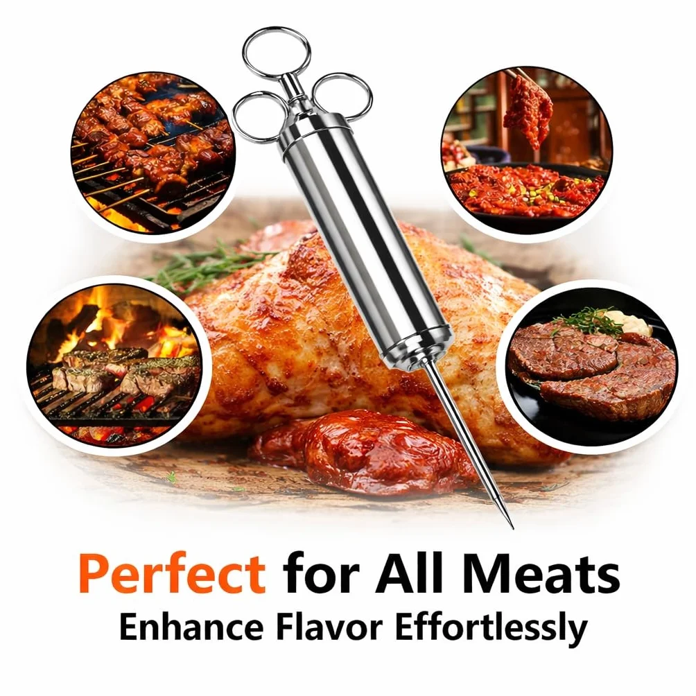 Seringue à marinade en acier inoxydable 60 ml avec 3 aiguilles – Injecteur de viande pour barbecue