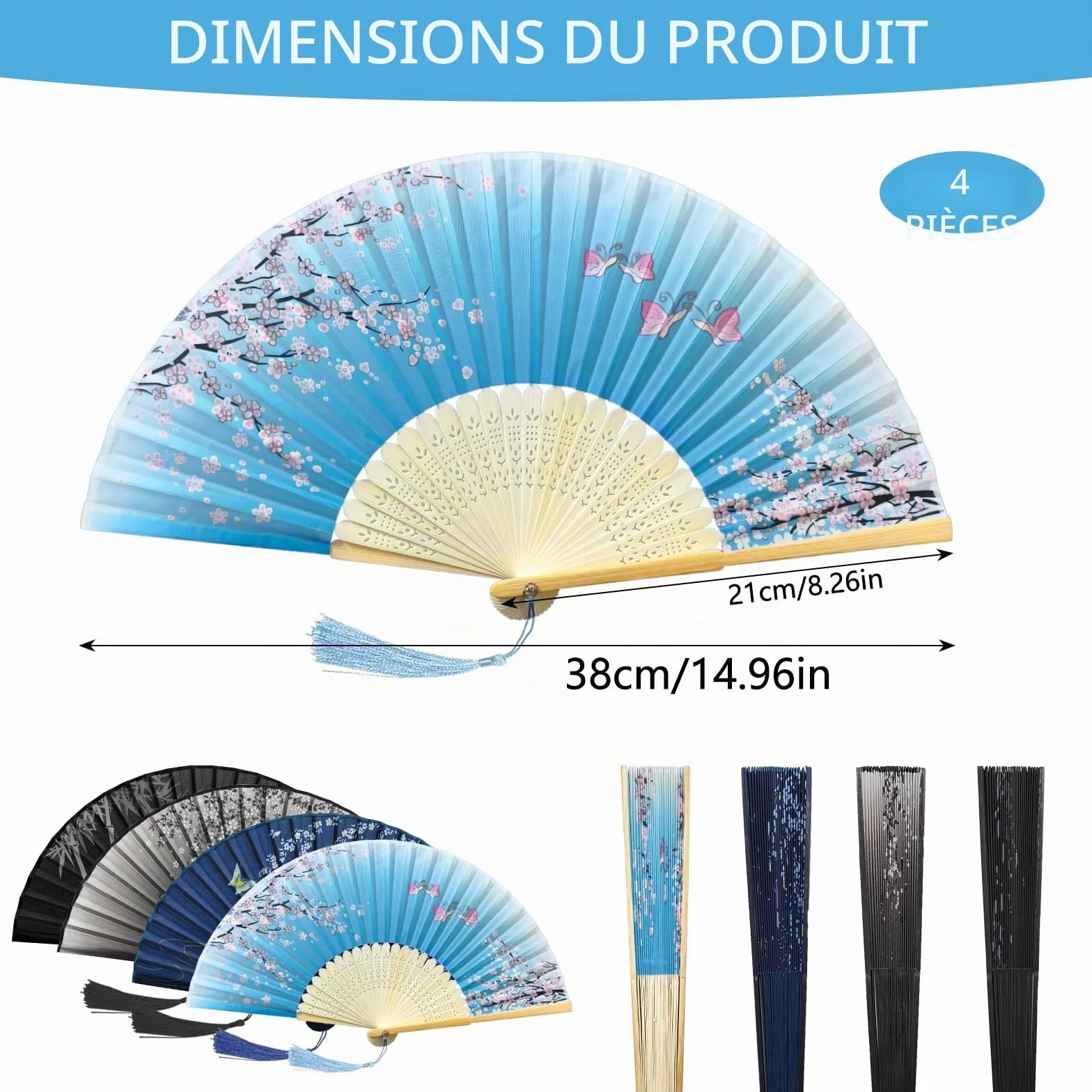 Bellanova Ensemble de 4 Éventails Pliants en Tissu de Soie et Bambou avec Pompon – Style Chinois, Ventilateur Pliant Portable à Main
