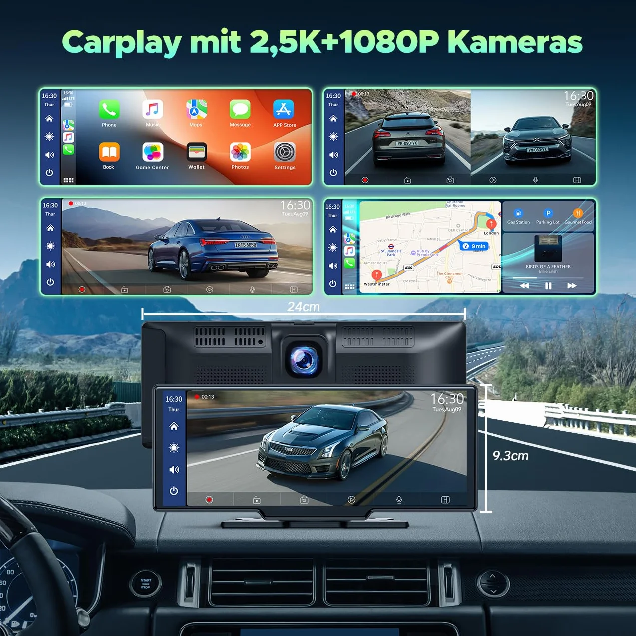 LAMTTO Bezprzewodowe radio samochodowe CarPlay z systemem Android, 9,26", przenośne, z kamerą rozdzielczą 2,5 K + 1080p z przodu, 64 G TF, Bluetooth, nawigacja, Mirror Link, Siri/G00gle, AUX/FM