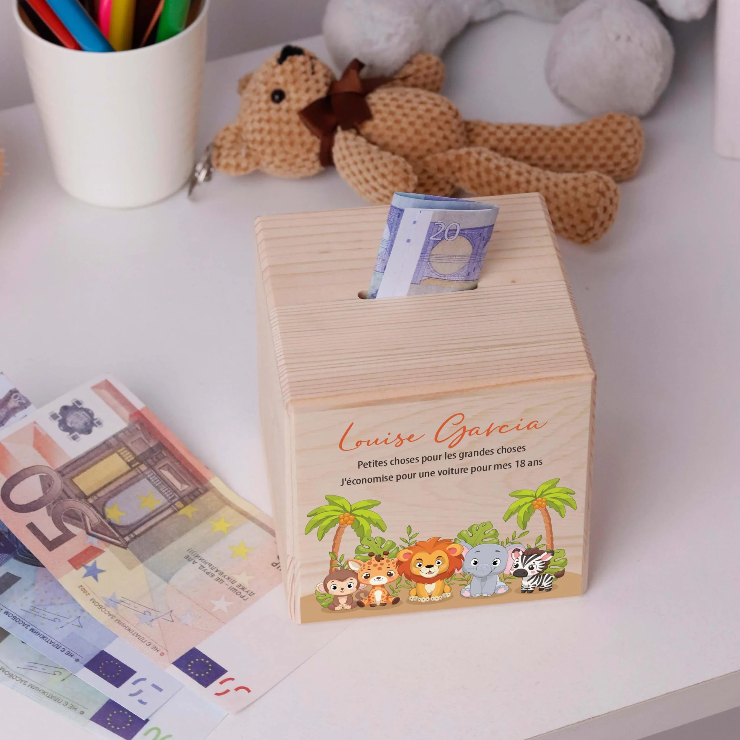 Tirelire Enfant personnalisée avec prénom, Tirelire en Bois - Cadeau personnalisé Baptême, Communion, Confirmation, Anniversaire, Filles & Garçons, Safari