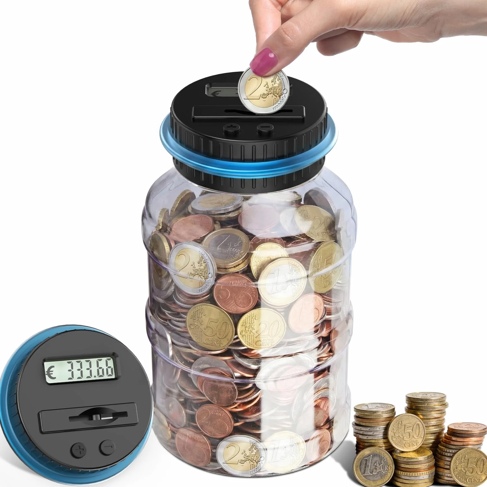 Pup Go Tirelire Electronique Transparente Numérique Écran LCD, XXL 1,8L Grande Capacité Compteuse Automatique de Pièces