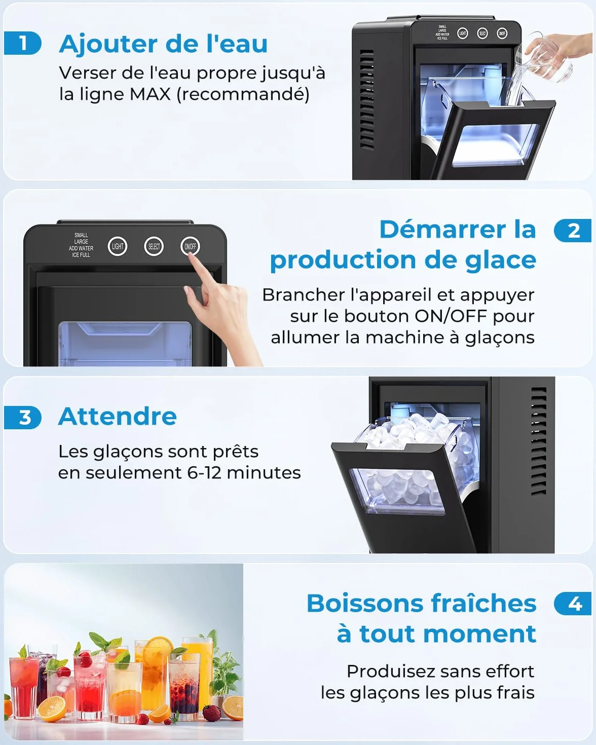 WELLENT Machine à Glaçons Comptoir - Production Rapide 12kg/24h & Glaçons en 6 Min - Design Gain de Place Silencieux - Idéale pour Canicule, Cuisine, Bar et Bureau (Acier Inoxydable)