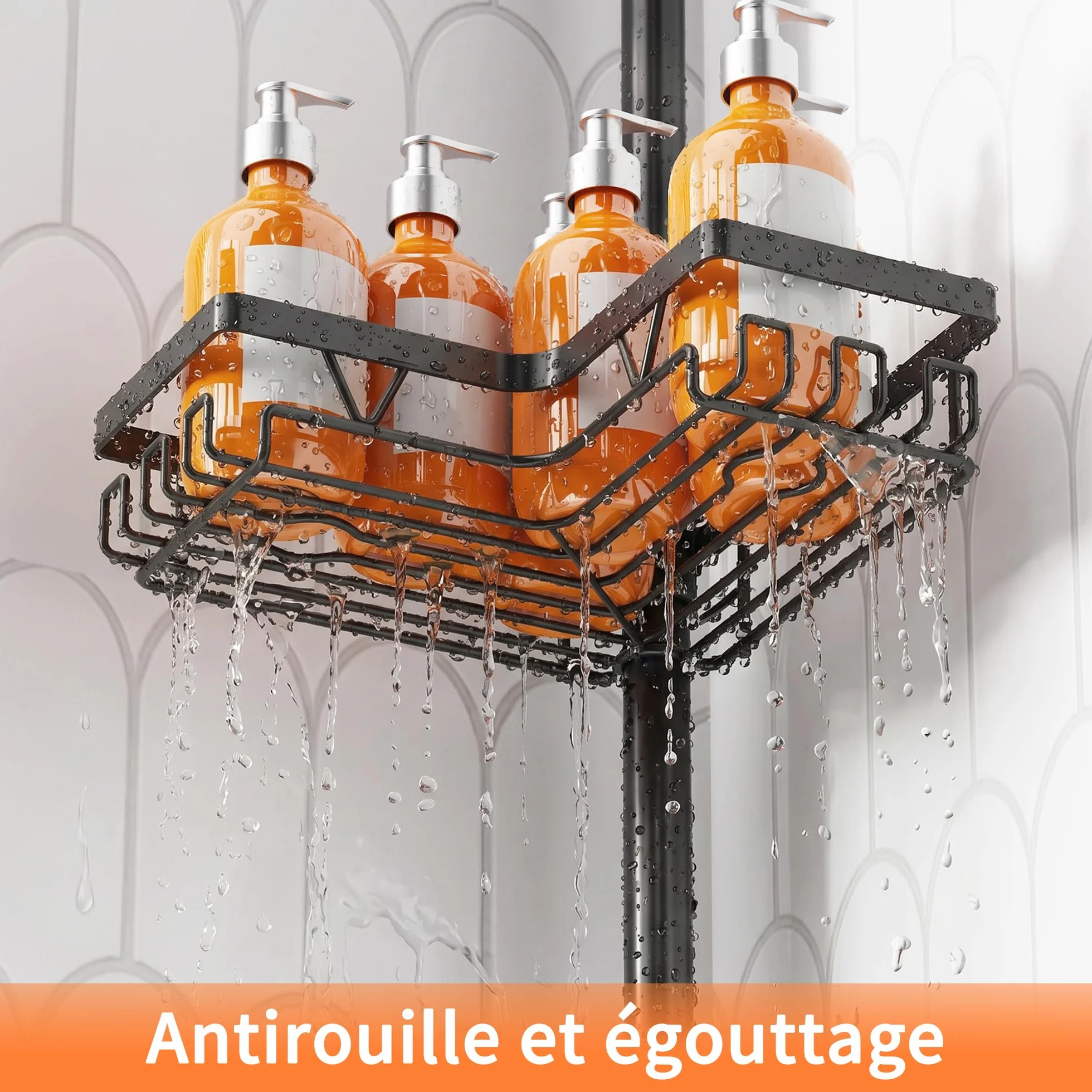 KEGII Etagère Télescopique Douche Sans Percage - Tablette d'Angle Réglable 4 Paniers Noir
