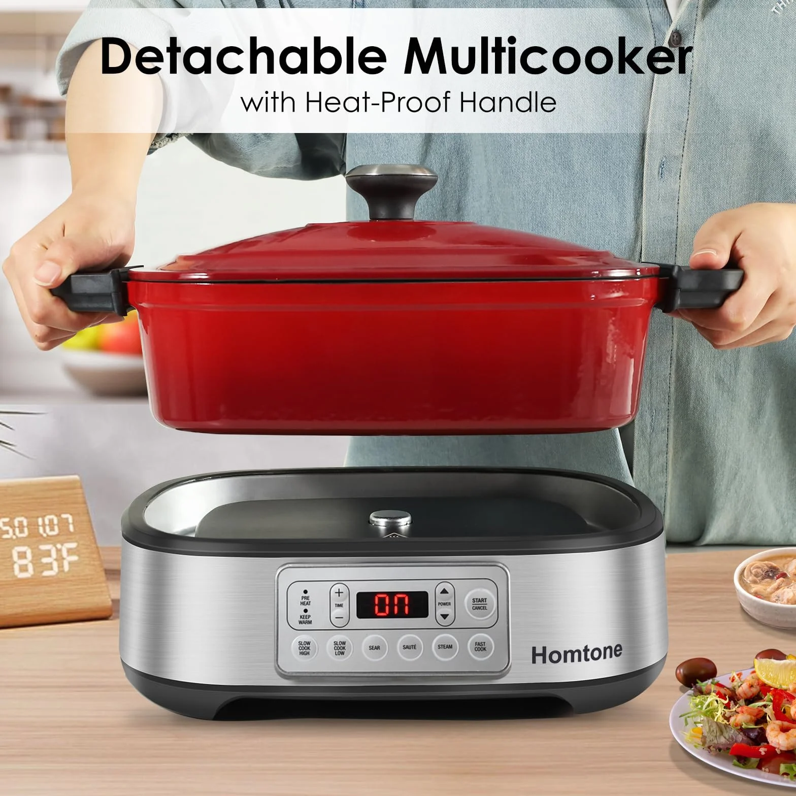 Homtone Mijoteuse électrique 6-en-1, 5,5L Multicuiseur Cocotte Amovible en Email, Revêtement Anti-adhésif en Céramique Saine Pour Cuisson Lente, Saisir, Sauter, Cuire à la Vapeur