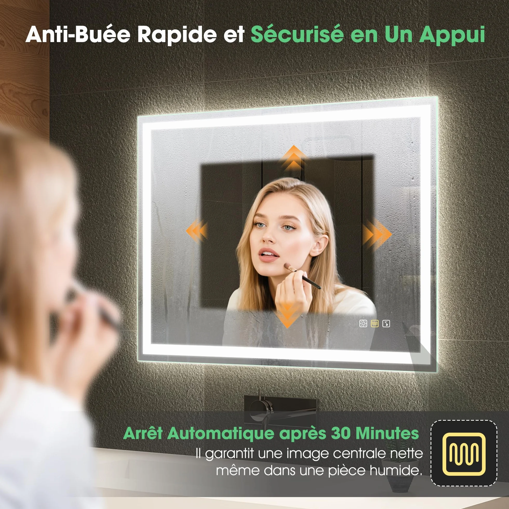 S'bagno Bluetooth-Miroir-Salle-de-Bain-avec-Eclairage-120x70cm, Miroir-LED-Salle-de-Bain Anti-buée, 3000K-6500K, Dimmable, Mémoire, Verre trempé HD, IP44-Miroir-Salle-de-Bain-Led, Horizontal/Vertical