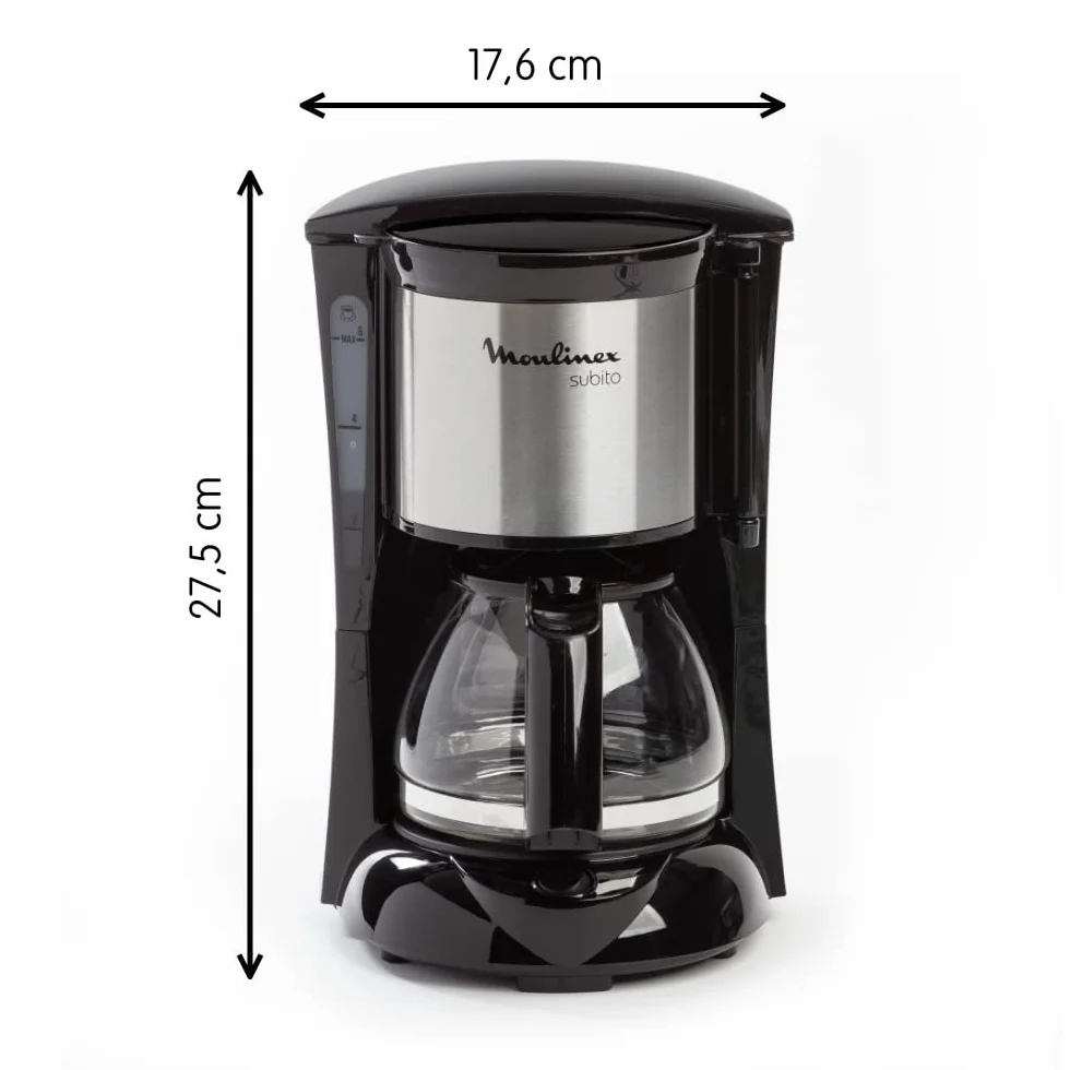 Moulinex Subito Cafetière filtre électrique, 0,6 L soit 6 tasses, Machine à café, Système anti goutte, Porte-filtre pivotant, Auto off 30 min FG150813, Noir/Inox