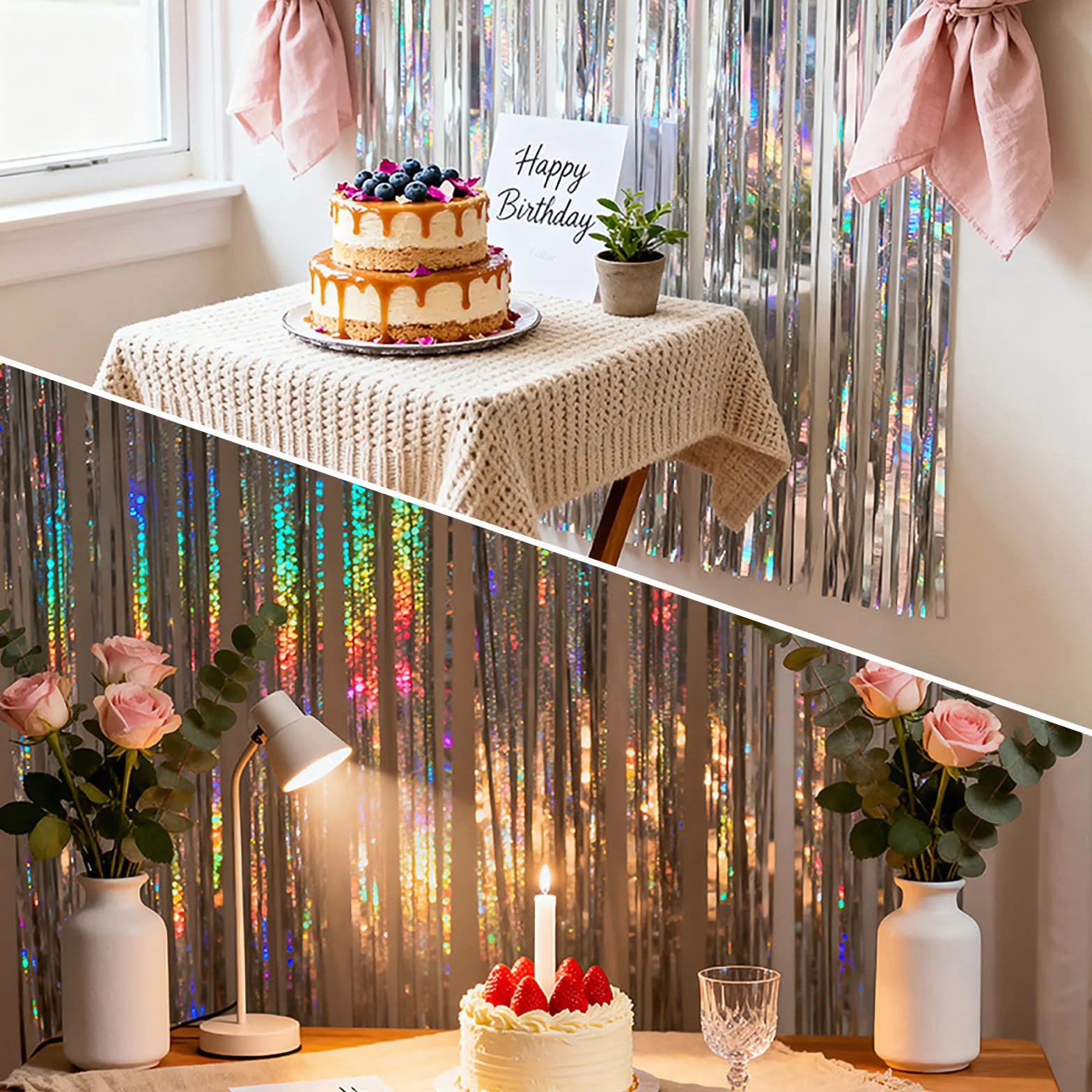 Rideau Argenté Métallique Tinsel 1 m x 2.5 m, Rideau Paillette pour Décoration Anniversaire, Nouvel An, Mariage