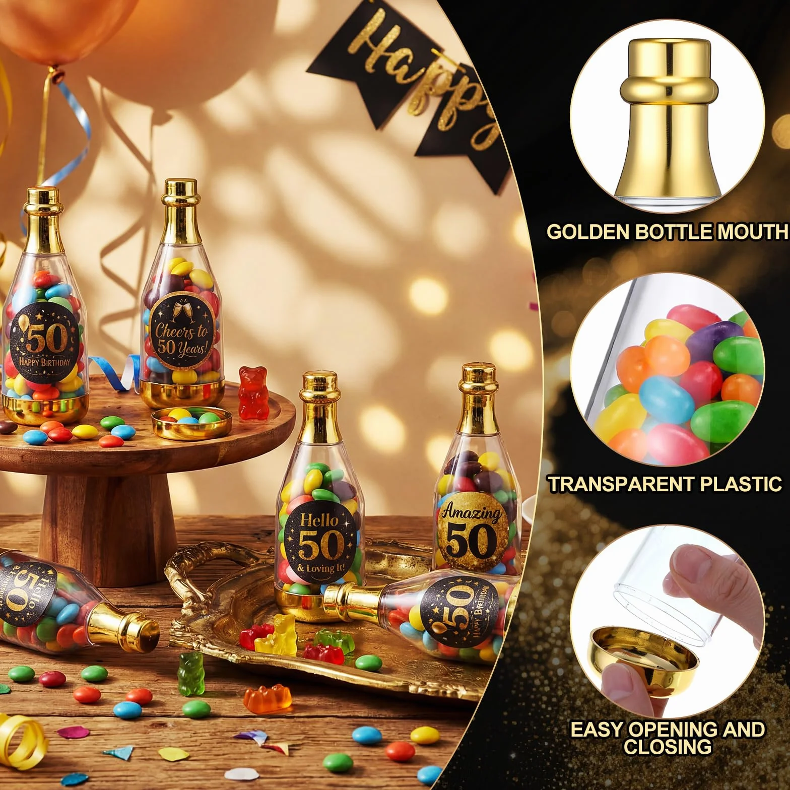 Domensi Lot de 24 mini bouteilles de champagne dorées pour 50e anniversaire avec 24 autocollants, décorations de fête de 50e anniversaire, petits récipients à friandises pour bonbons et bonbons, noir