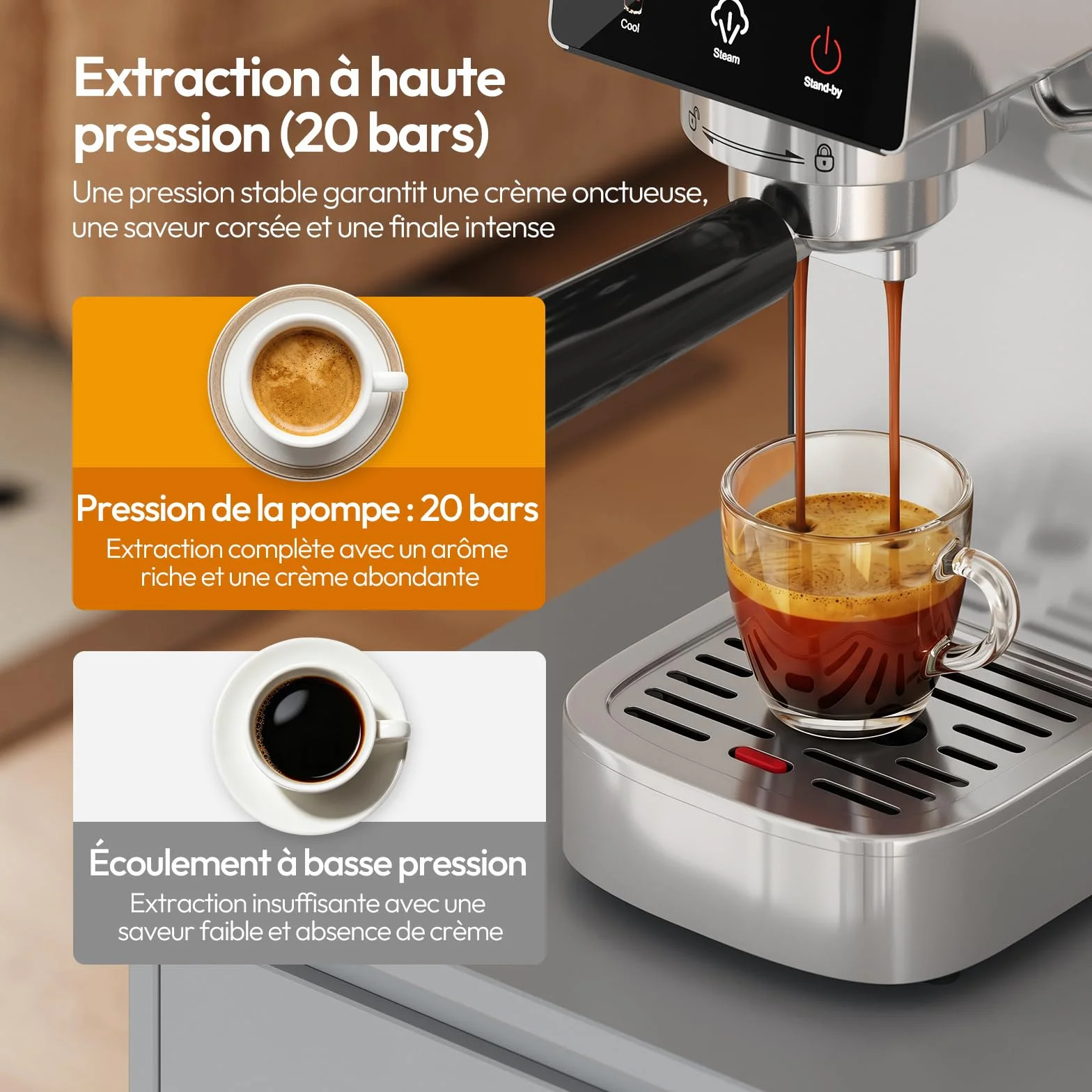 LLIVEKIT Machine à Café Expresso 20 Bars, Mousseur à Lait Intégré, Extraction Chaude & Froide, Double Mode Capsules/Poudre, Réservoir 1,2L, Écran Tactile LED, Acier Inox