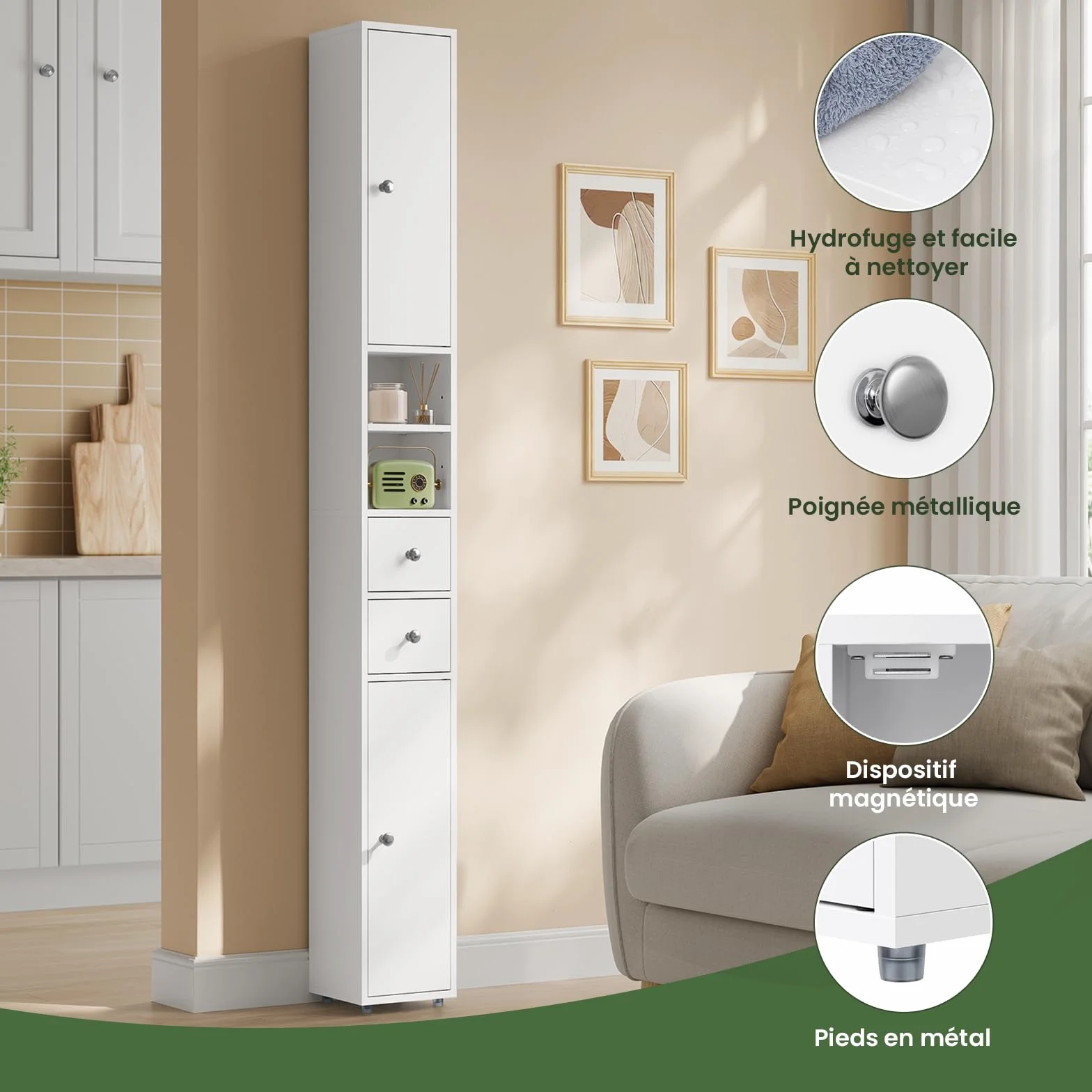 EUGAD Meuble Colonne de Salle de Bains, Armoire Rangement WC avec 2 Tiroirs, 2 Portes, Étagères Réglables et Compartiments Ouverts, Blanc, 20x20x180cm