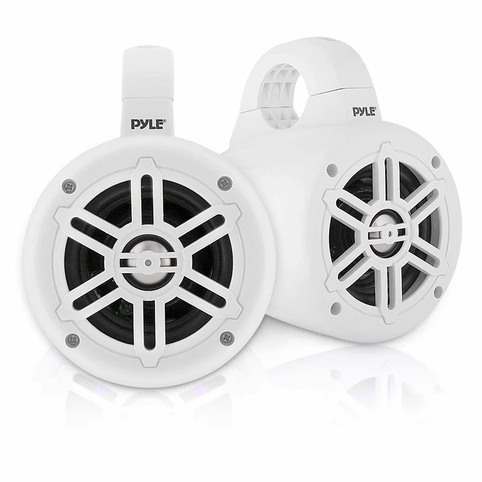 Waterproof Marine Wakeboard Tower Speakers - 4 Inch Dual Subwoofer Speaker Set with 300 Max Power Output - Boat Audio System Kit w/Titanium Dome Tweeters & Mounting Clamps - Pyle PLMRWB45W (White)
