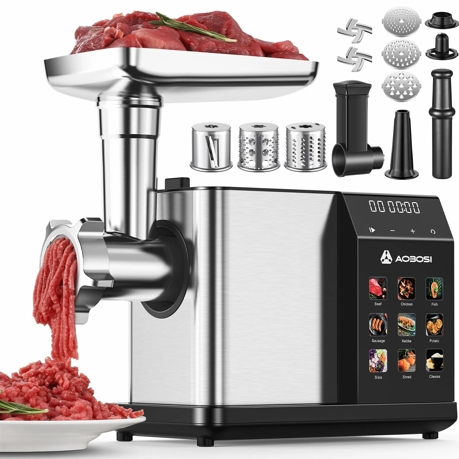 AAOBOSI Hachoir À Viande Électrique [3000W Max] - Avec Écran LED & 9 Réglages de Vitesse - Récipient de Stockage Intégré - Accessoires à Trancher, Saucisses et Kibbe Inclus - Pour Usage Domestique