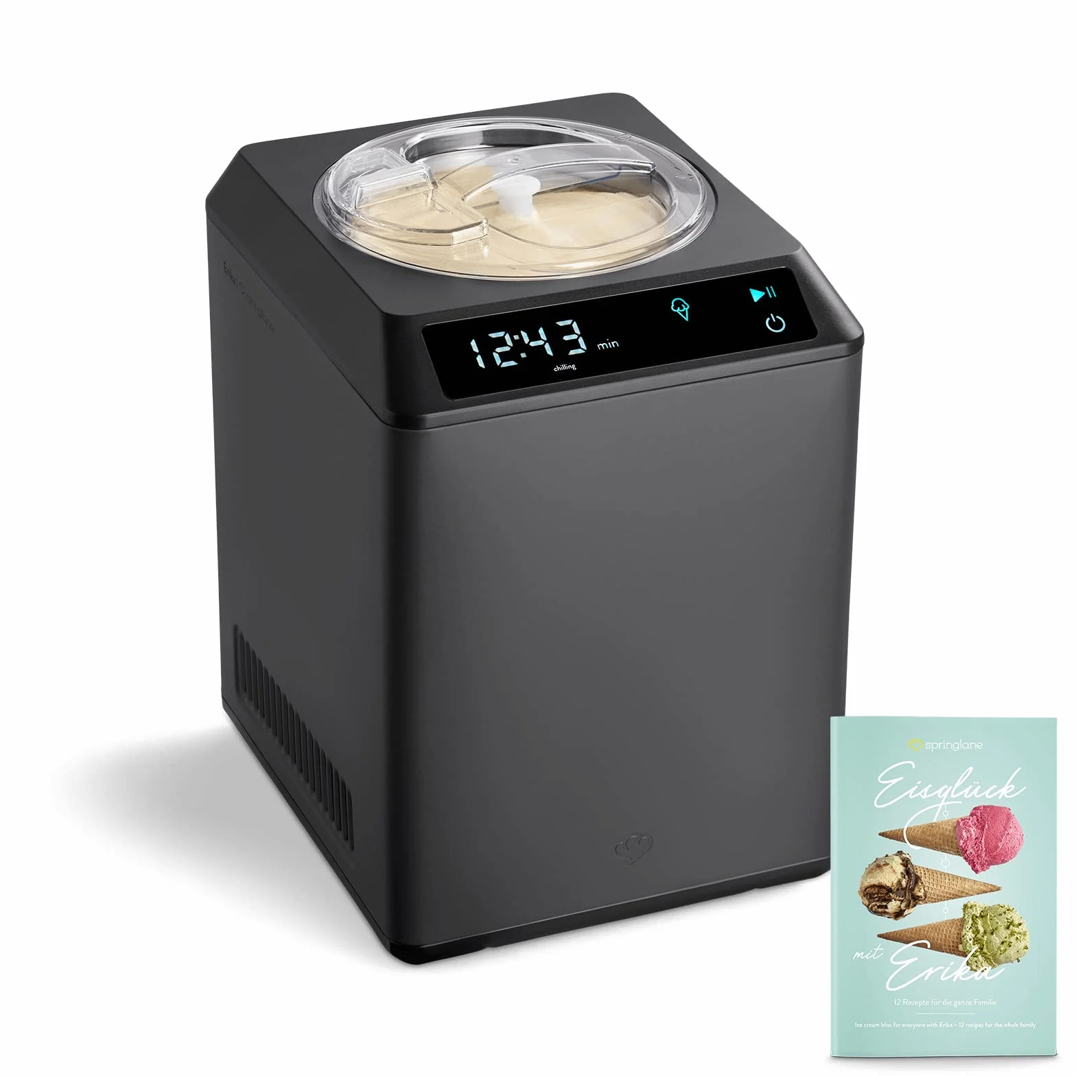 SPRINGLANE sorbetière & yaourtière Erika 2,5 L avec compresseur auto-refroidissant 250 W, sorbetière en acier inoxydable (Noir avec réservoir à glace, 2,5 L)