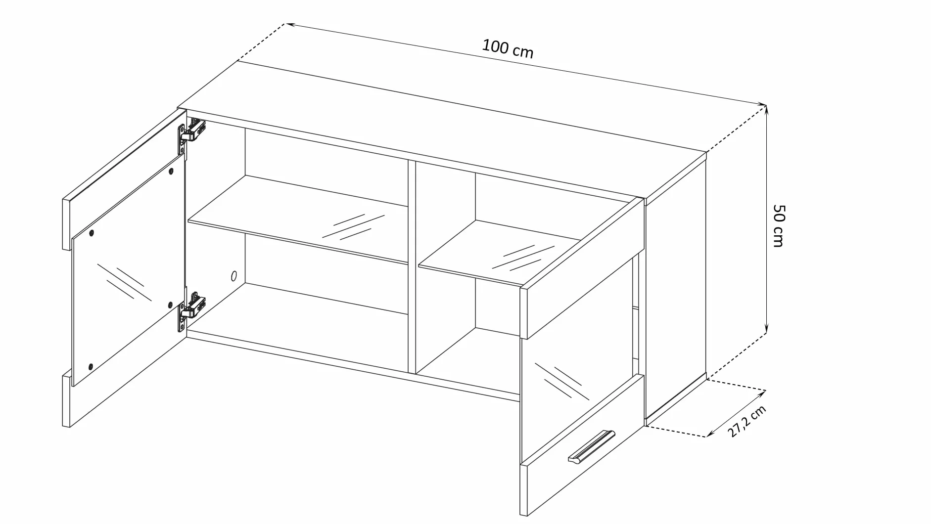Komodee, Vitrine Armoire Savona, Blanc Blanc, Largeur 100 cm x Hauteur 50 cm x Profondeur 30 cm, LED Bleues, 2 étagères, pour Salon, Chambre, Entrée, Cuisine