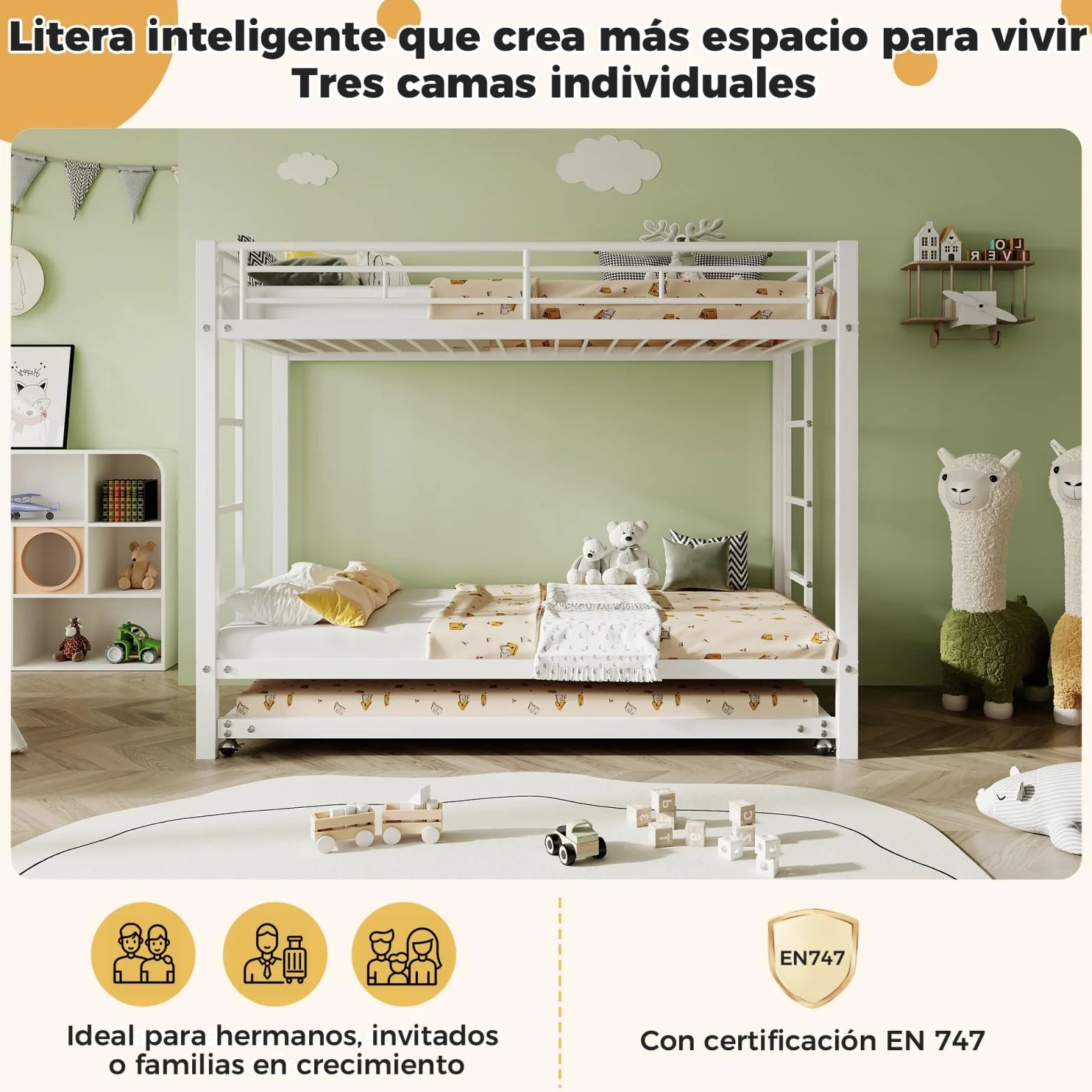 Lit Superposé 3 Places 90x200 cm avec lit Gigogne 90x190cm,Blanc | Cadre de Lit en Métal,Barrières de Sécurité, Échelle Antidérapante, lit avec sommier,Certification EN747,pour Garçons Filles