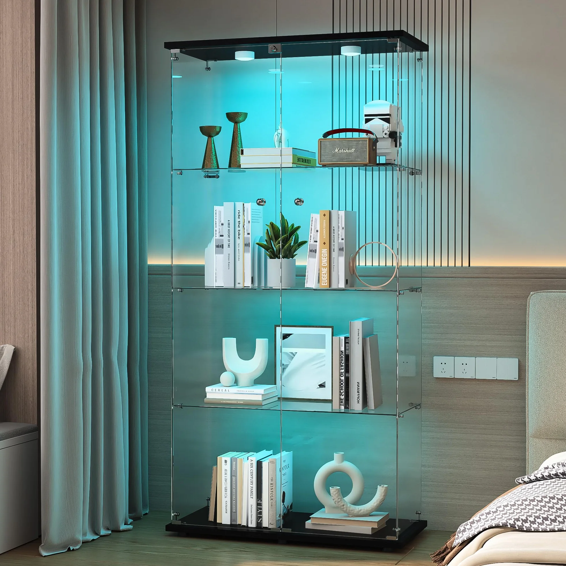 Vitrine en Verre avec LED 164x80.5x36.5cm, Armoire de Collection avec 2 Portes et 4 étagères en Serrure, Transparent pour Le Bar, Curio, Salon, Noir