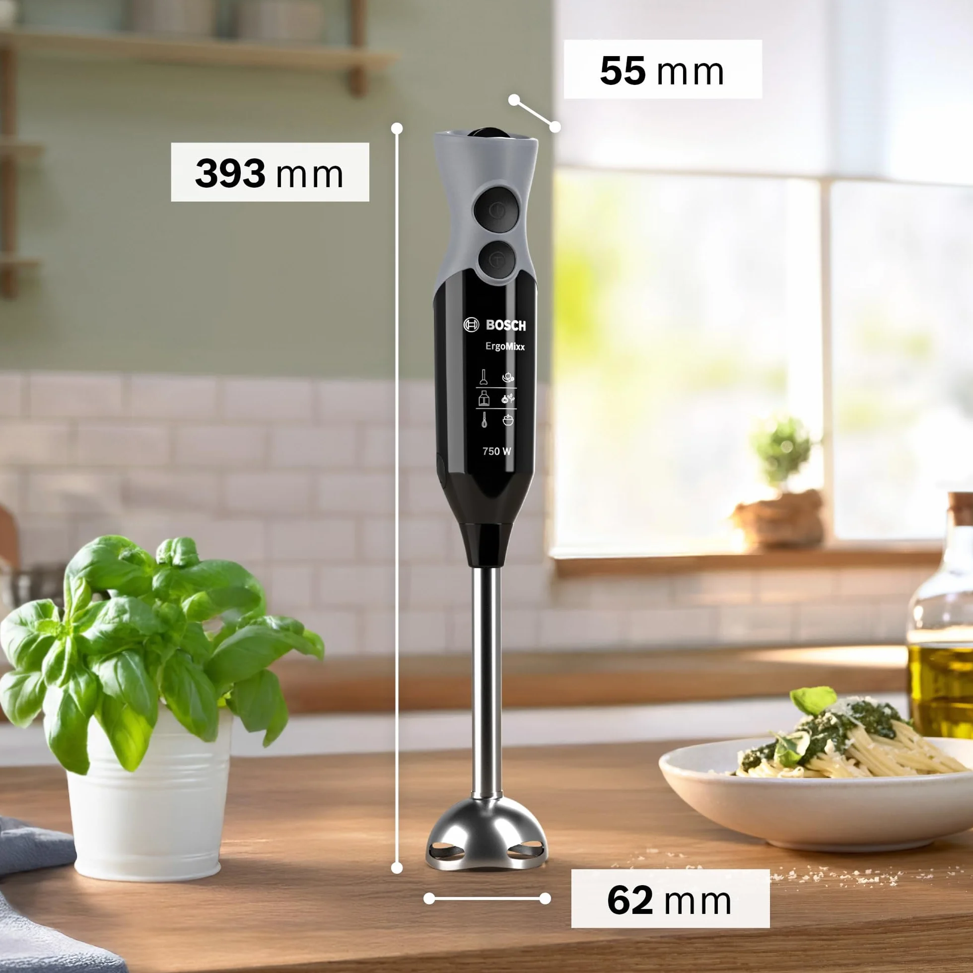 Bosch Mixeur plongeant ErgoMixx, moteur 600 W, 12 vitesses et fonction turbo, hachoir XL, fouet, gobelet doseur, noir, MSM67160