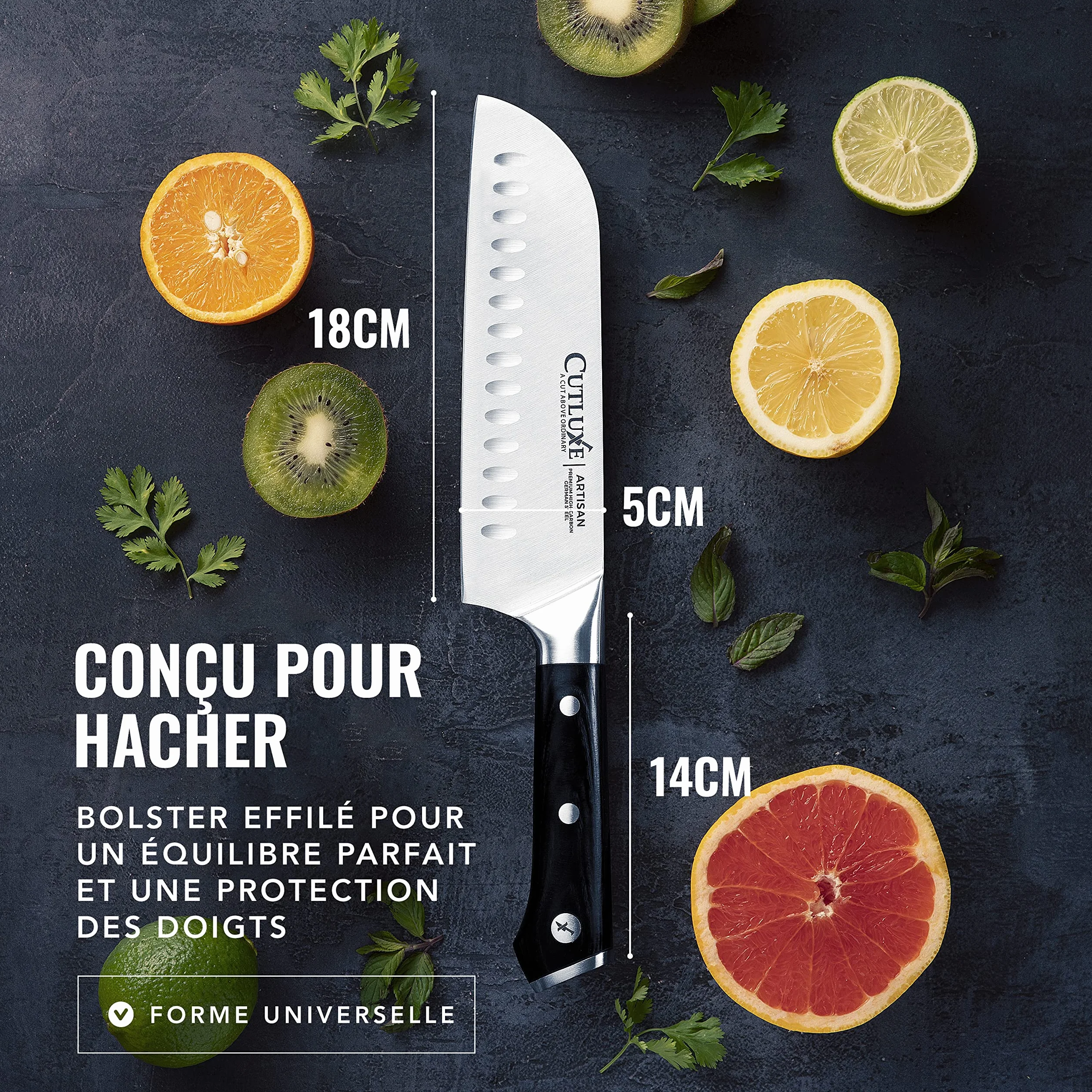 Cutluxe Couteau Japonais - 18 cm Couteau Professionnel Santoku Avec Fourreau - Lame Professionnelle en Acier Allemand à Forte Teneur en Carbone - Couteaux de Découpe pour la Cuisine - Série Artisan