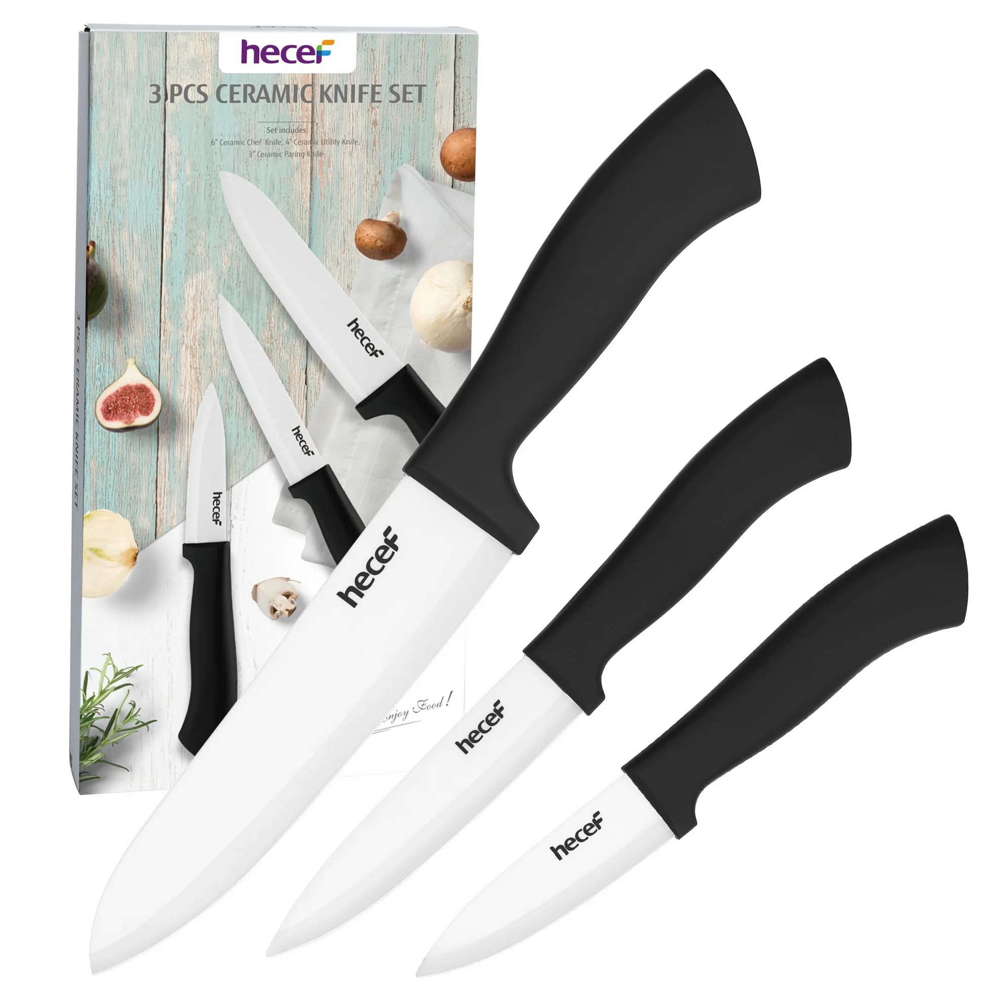 Couteau Céramique Cuisine 3 Pièces Set, 6" Chef, 4" Fruits, 3" Office Blanc