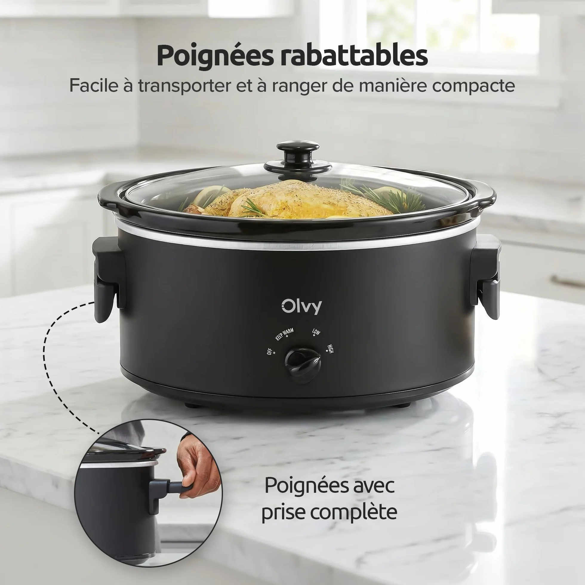 Olvy Mijoteuse 6 l en céramique avec 3 niveaux de cuisson et poignées pliables
