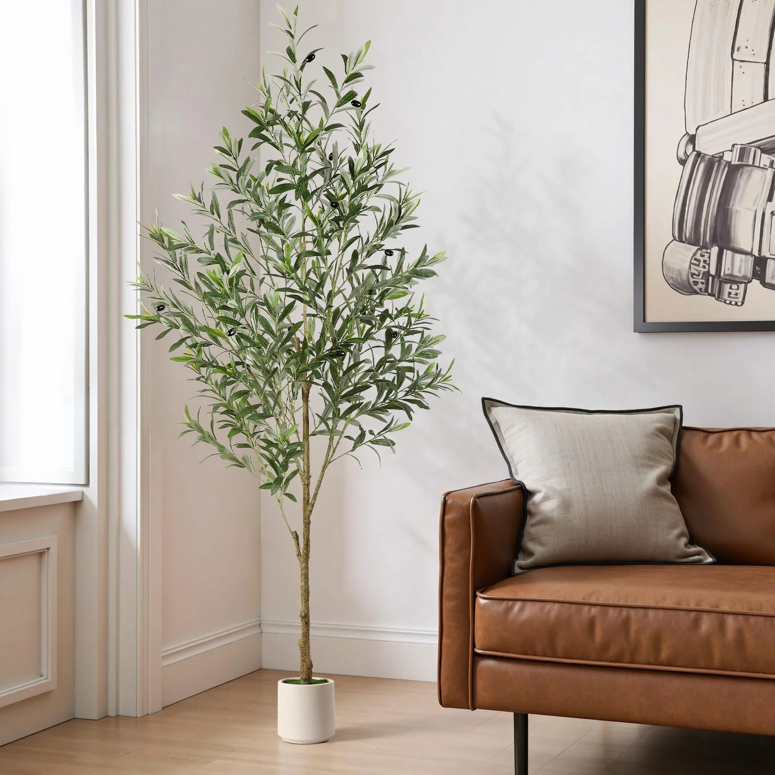 Olivier Artificiel 180cm en Pot Blanc, Arbre Artificiel Intérieur Extérieur, Plante Verte Décoration Maison
