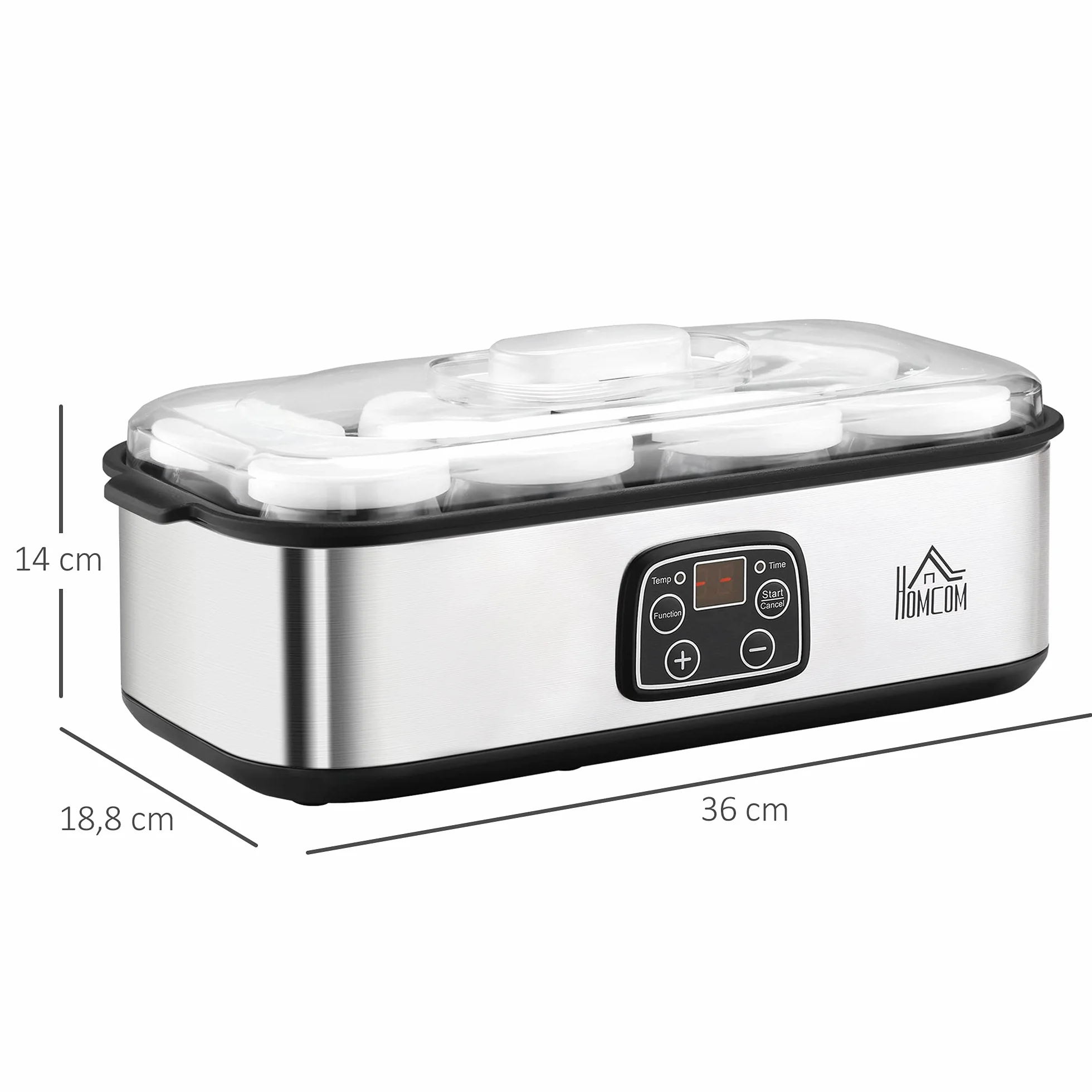 HOMCOM Yaourtière avec 8 Pots en Verre de 180ml, Machine à Yaourt Électrique en Acier Inoxydable avec Minuterie, Thermostat Réglable et Affichage Numérique pour des Desserts Maison Sains