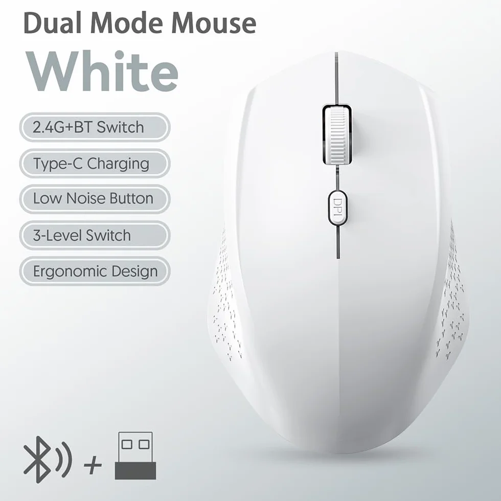 Mysz bezprzewodowa, 2,4G USB i Bluetooth, mysz bezprzewodowa Dual Mode, ergonomiczna mysz PC z regulowanym DPI 800/1200/1600, mysz bezprzewodowa do laptopa, PC, iOS, Android, iPad, Windows