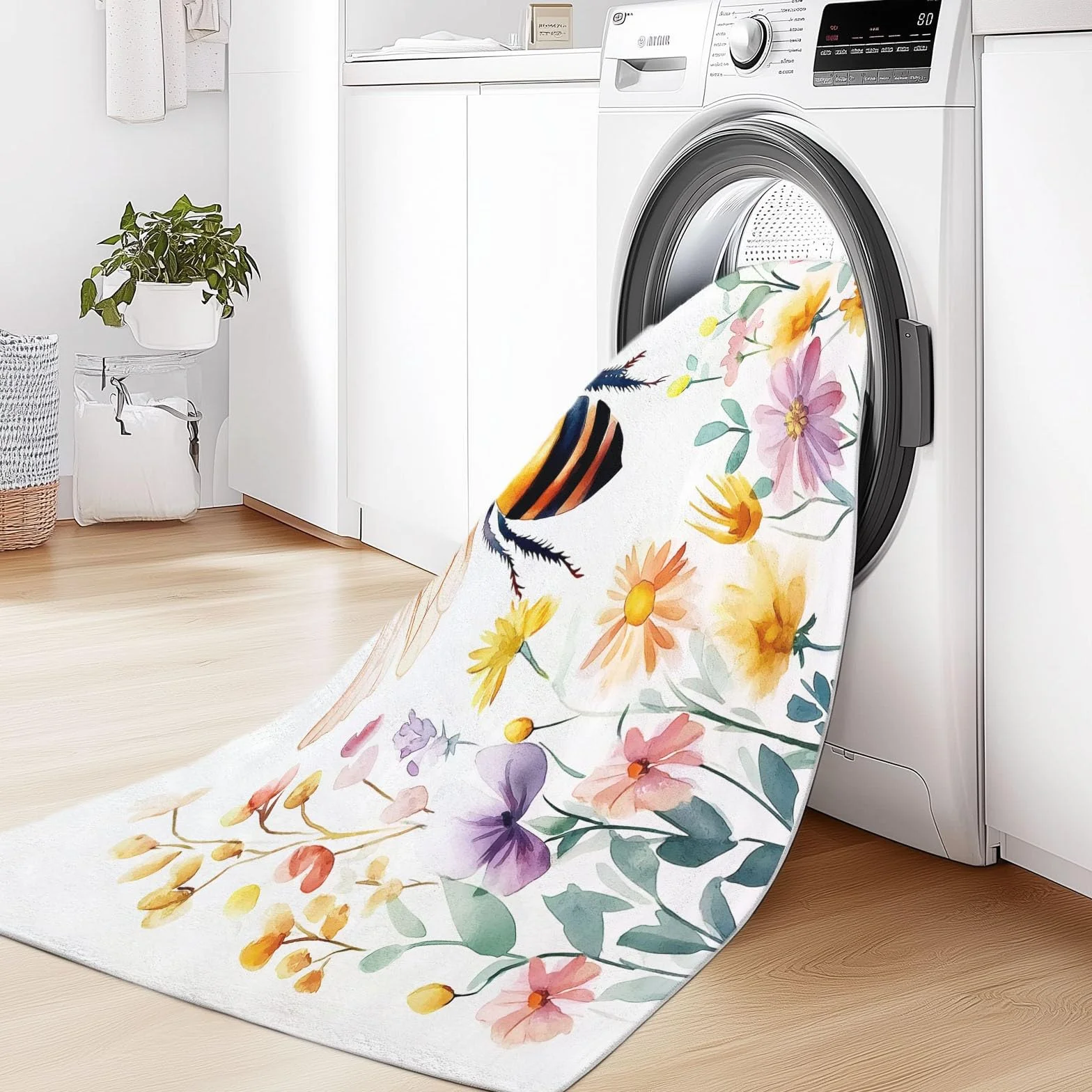 Tapis Salon Poil Court Fleurs À L'Aquarelle Abeille Motif Lavable en Machine Antidérapant 140 x 200 cm