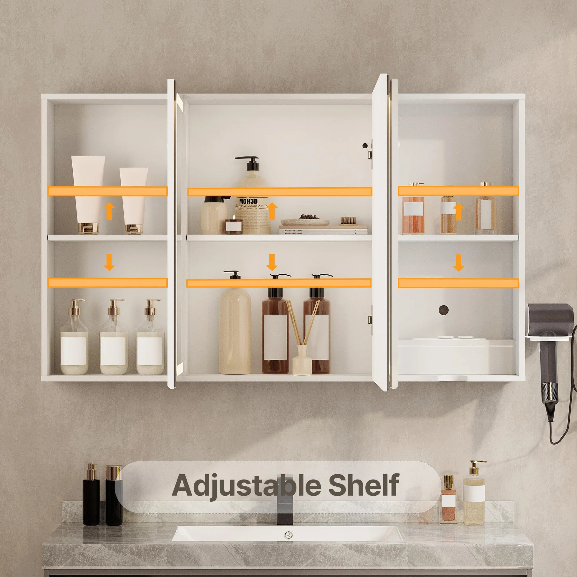 Xbro Armoire de Salle de Bain avec éclairage LED 100 × 16 × 60 cm avec Prise, étagère latérale, Portes Miroir réglables, Blanc