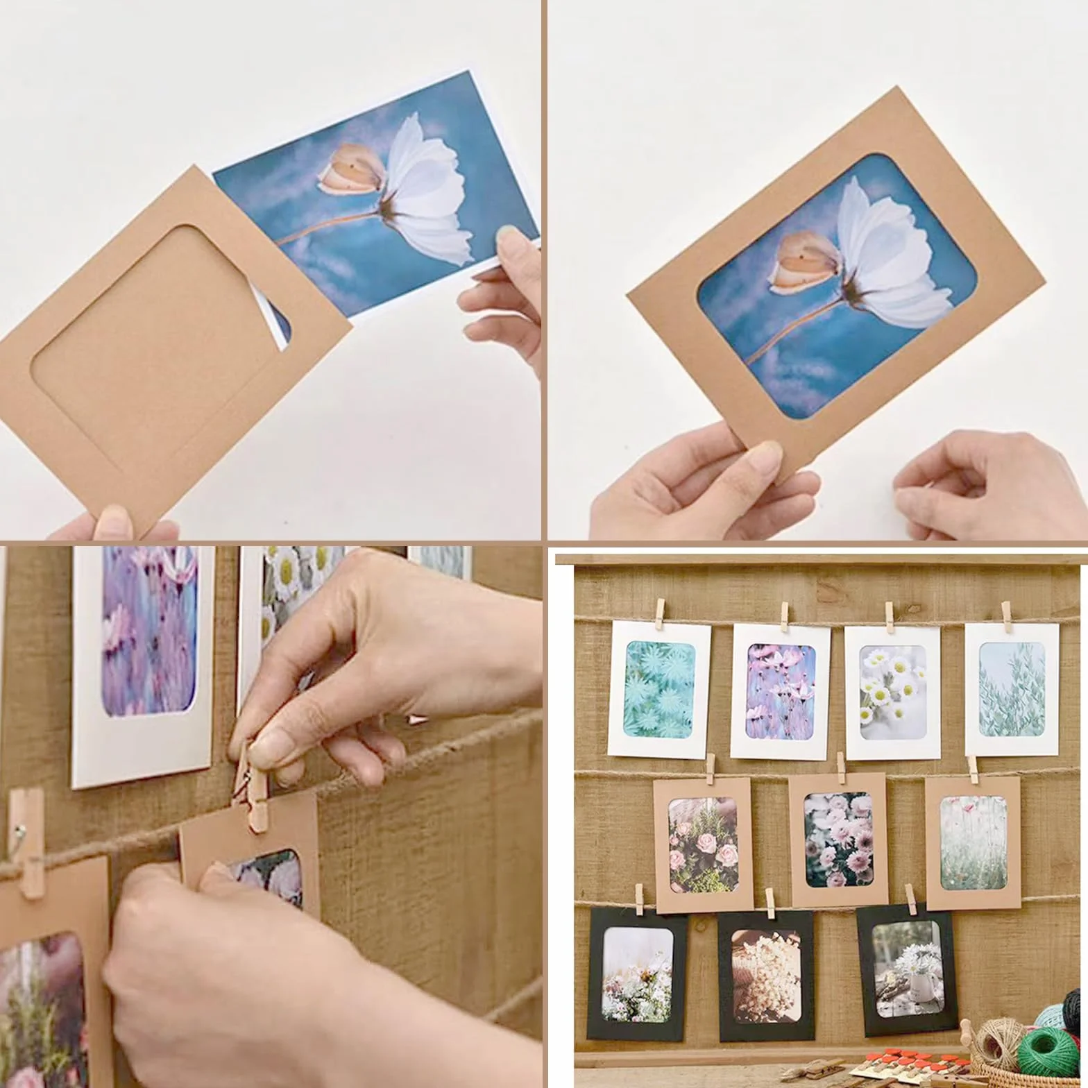 Lot de 40 cadres photo en carton papier kraft DIY 10x15 cm avec pinces en bois et cordes chanvre