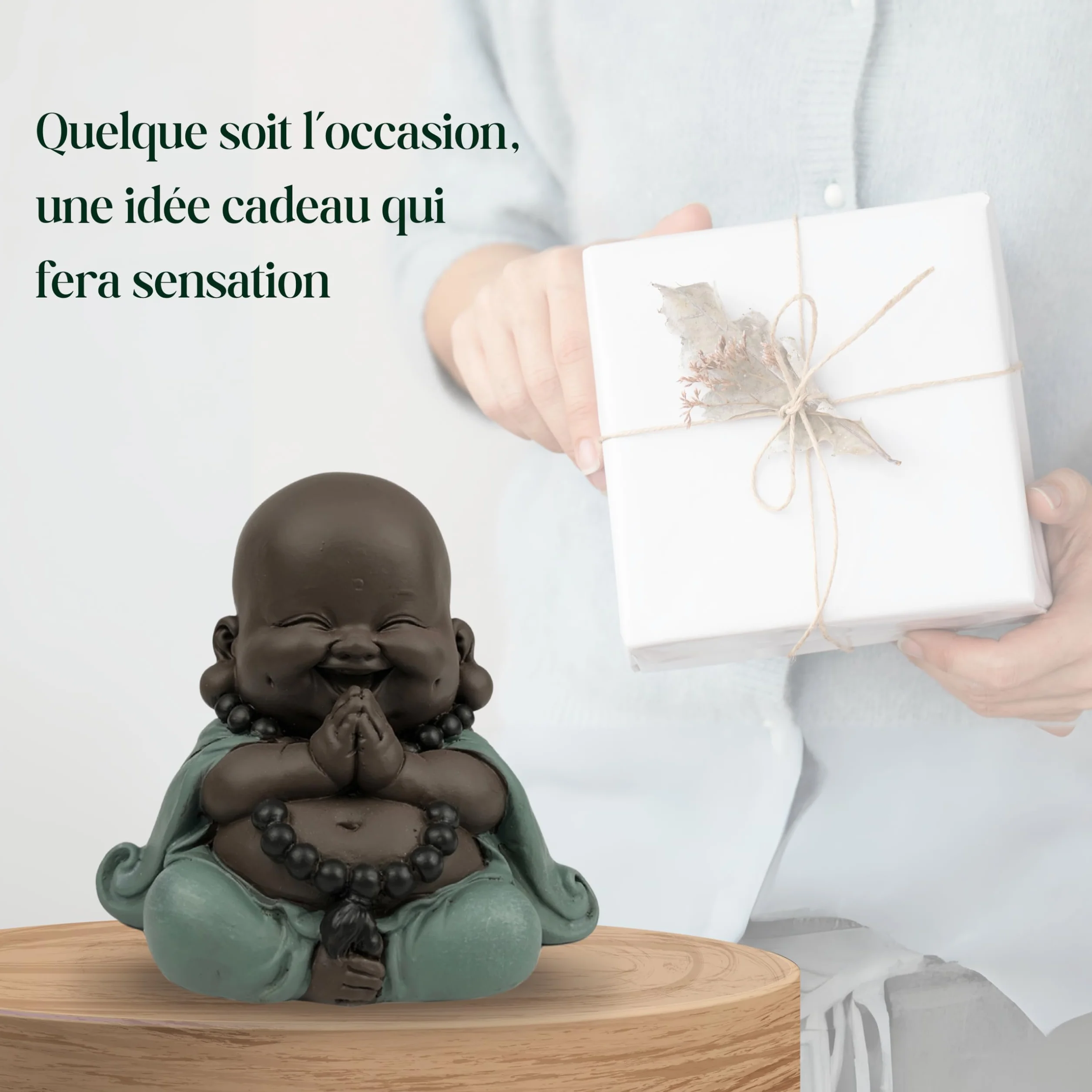 Statue Bouddha Rieur Porte Bonheur Décoration Feng Shui Zen 9cm Vert Marron Zen'Light