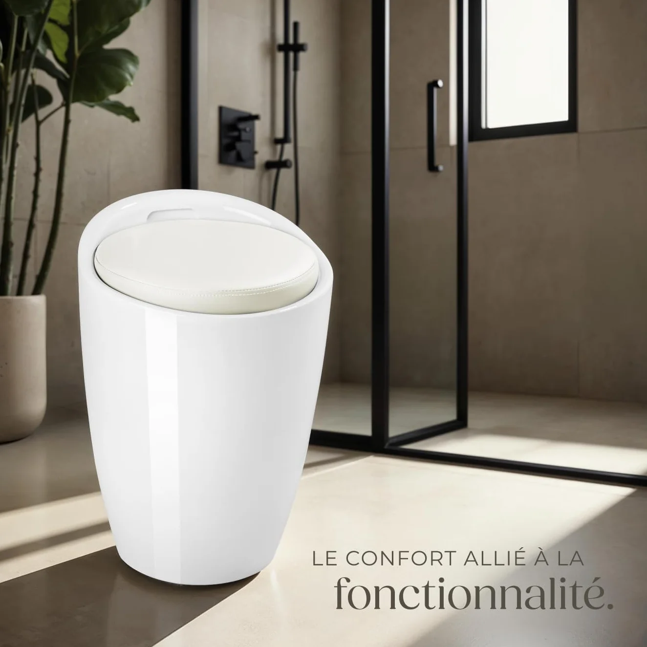 tectake® Tabouret Salle de Bain Panier à Linge 2en1, Ø 36 x 51 cm, Capacité 18 L, Coussin d'assise 5 cm Amovible, Meuble Salle de Bain Coffre Rangement Tabouret Coffre Rangement Bac a Linge, Blanc