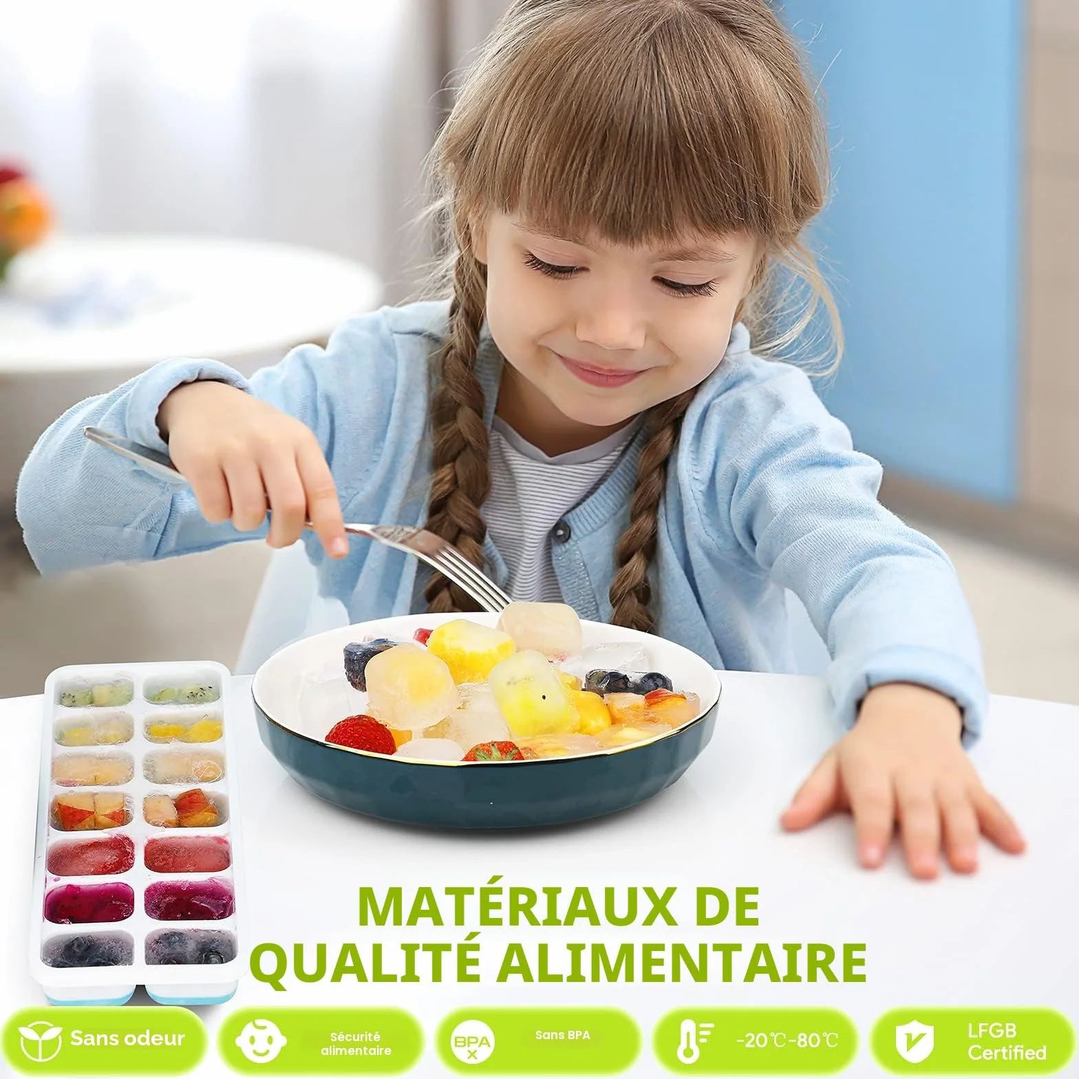 Airabc Lot de 4 bacs à glaçons en silicone avec couvercle, certifié LFGB sans BPA, carrés faciles à retirer Bleu/Vert