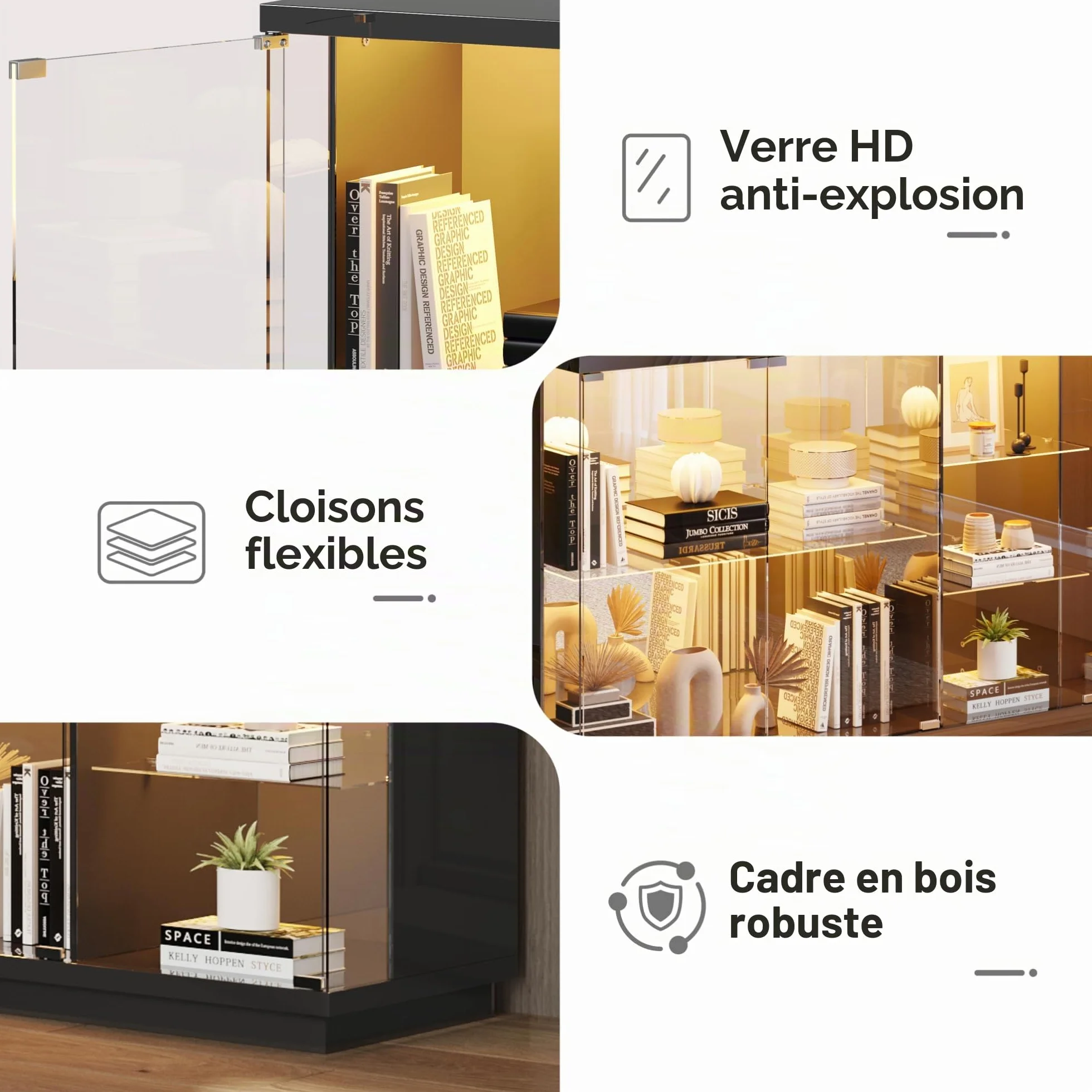 Lvifur Vitrine en verre - Éclairage LED et portes en verre - Armoire en verre - Cabinet d'affichage avec capteur intelligent - 3 couches - Étanche à la poussière - Pour salon, chambre à coucher