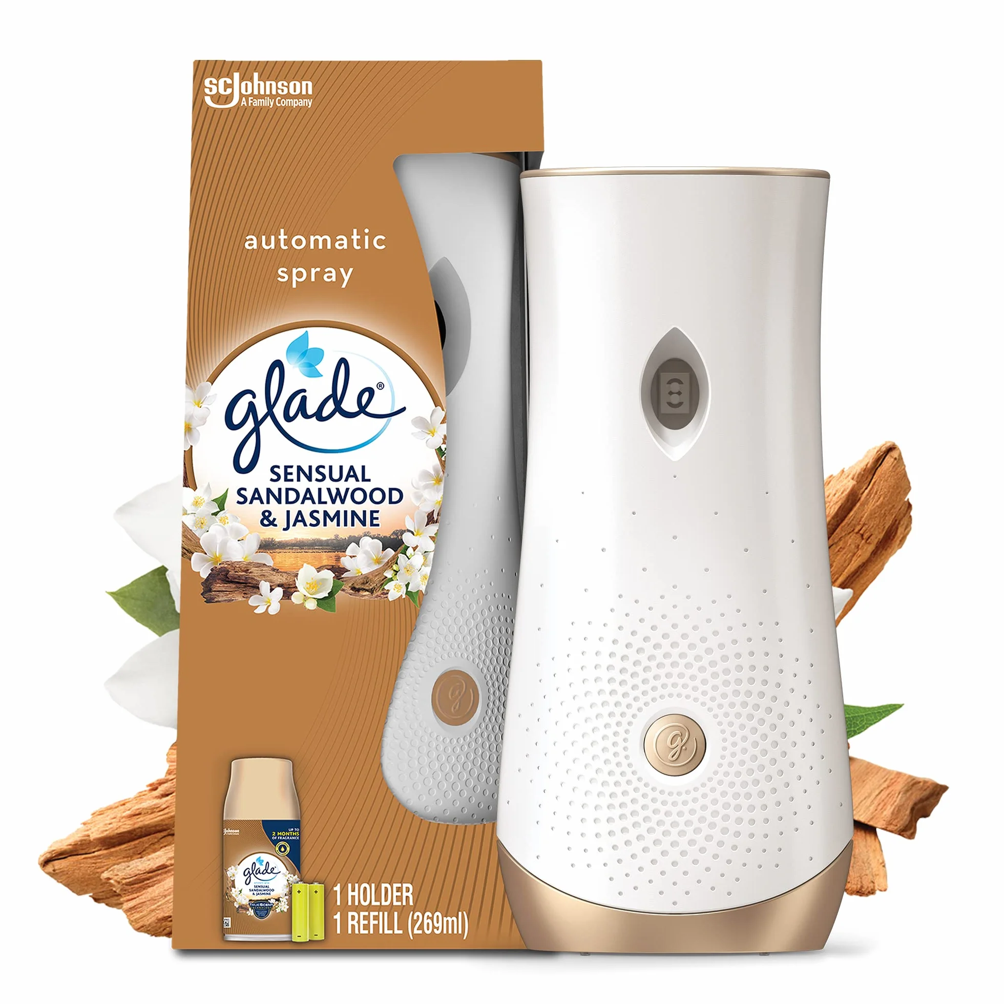 Glade Automatic Spray Diffuseur Infusé Aux Huiles Essentielles Sensual Sandalwood et Jasmine 1 Diffuseur et 1 Recharge