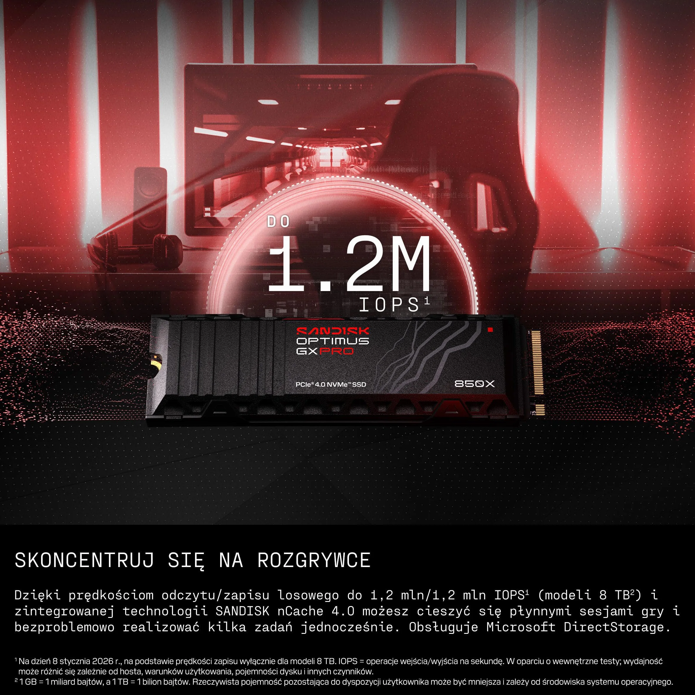 SANDISK Optimus GX PRO 850X NVMe SSD z radiatorem 8 TB (do 7200/6600 MB/s prędkościom odczytu/zapisu sekwencyjnego, M.2 2280, PCIe 4.0, do 4800 TBW)