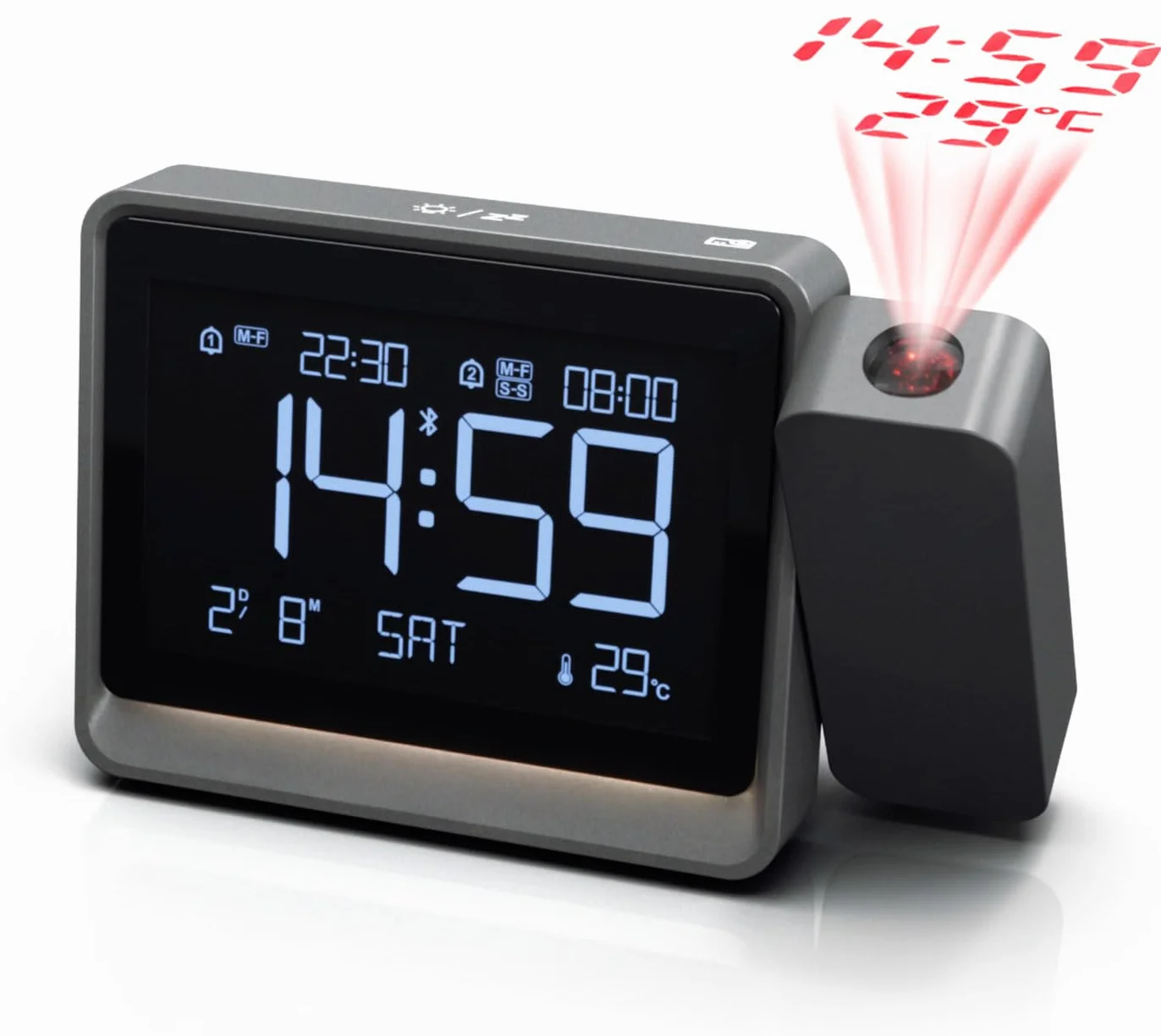 Horloge De Projection Numérique Chambre À Coucher Projecteur Rotatif 180° Synchronisation Heure Bluetooth Doubles Alarmes Date Température Variateur 4 Niveaux