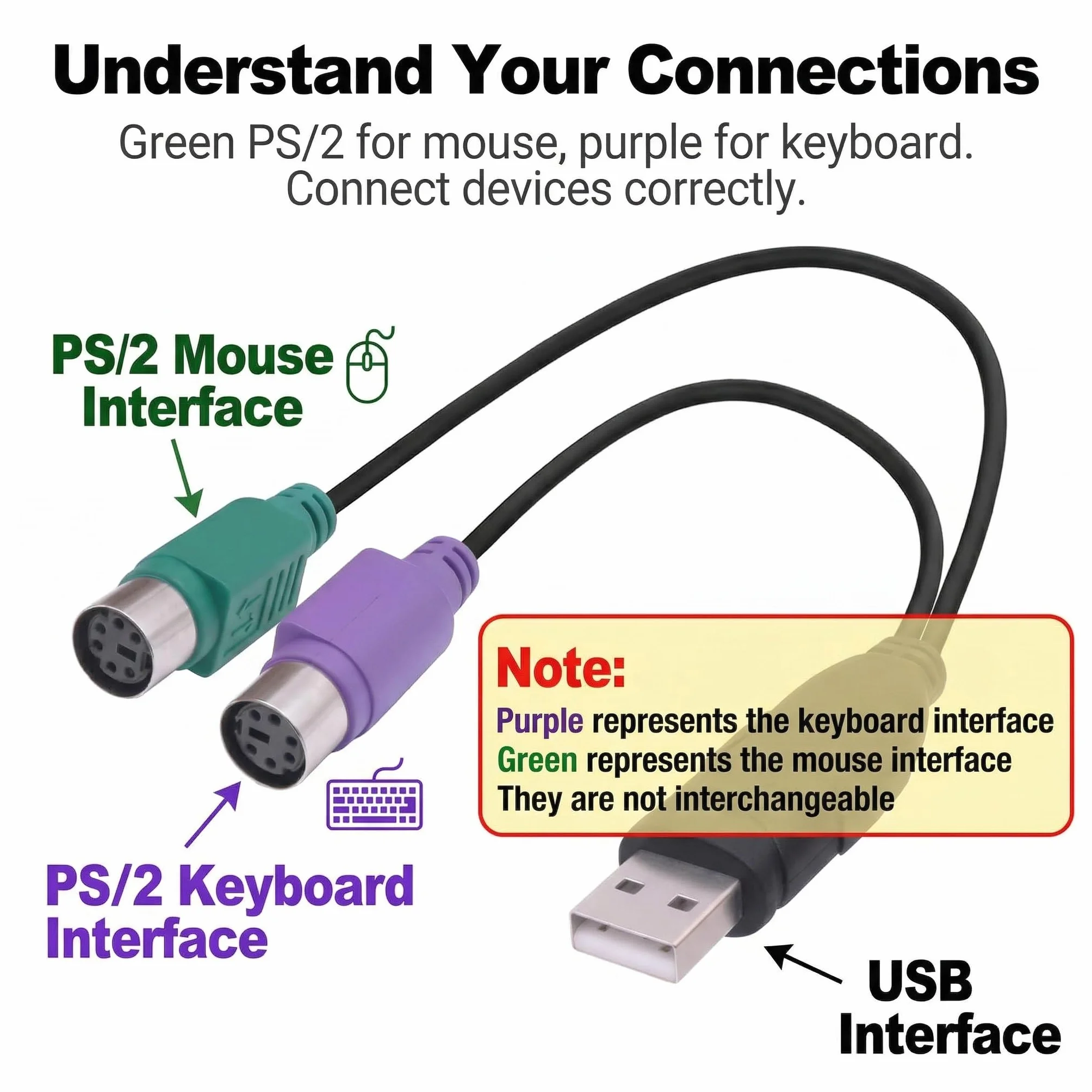 Adaptateur PS/2 vers USB, Convertisseur Actif PS2, Câble Clavier Souris, Lot de 2, 0.2m, Noir