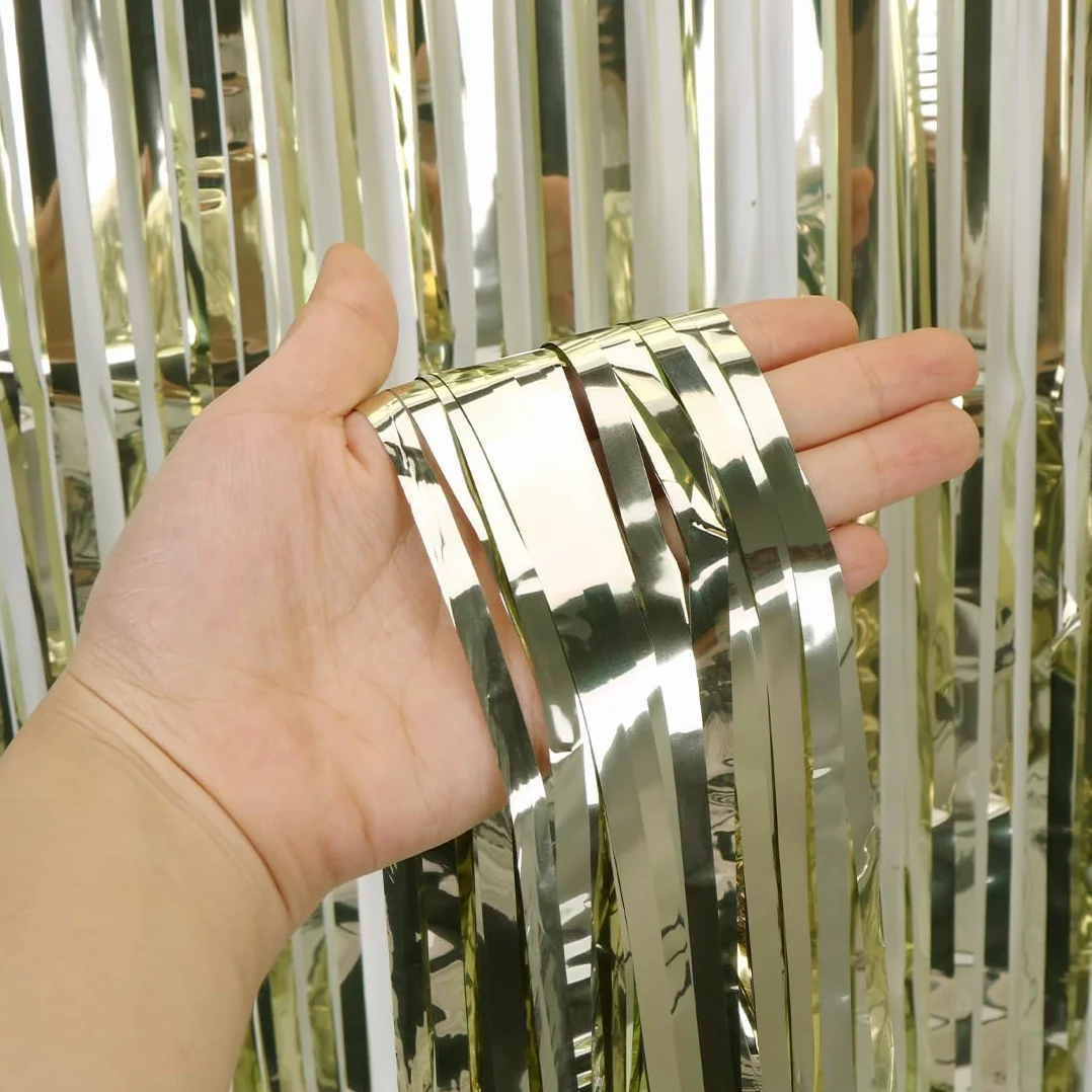 Rideau Anniversaire Or Champagne 1x2m Franges Aluminium Tissel Métallique Toile de Fond Photo Fête Décoration